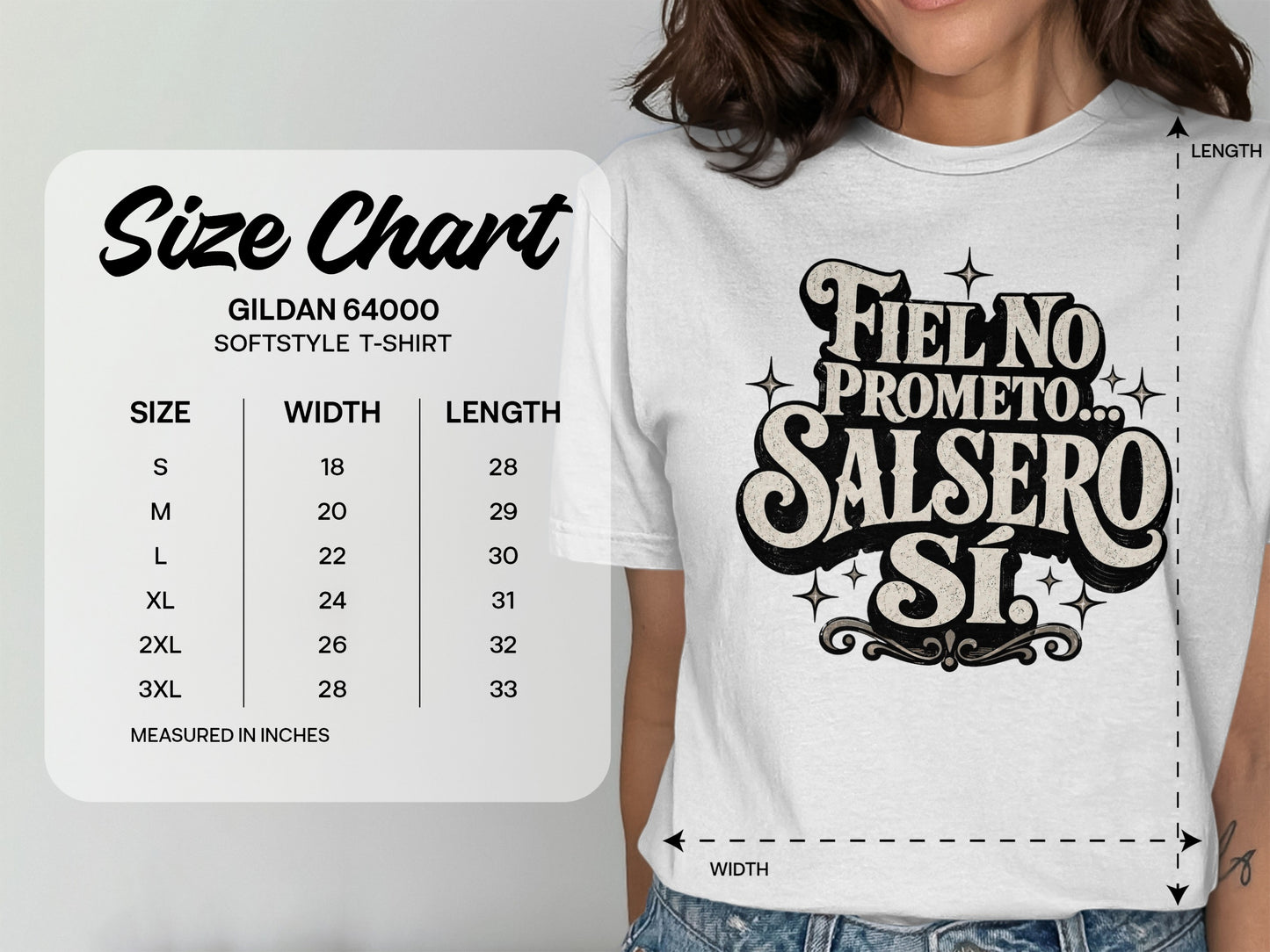 Gildan 64000 Softstyle t-shirt size chart with width and length measurements.