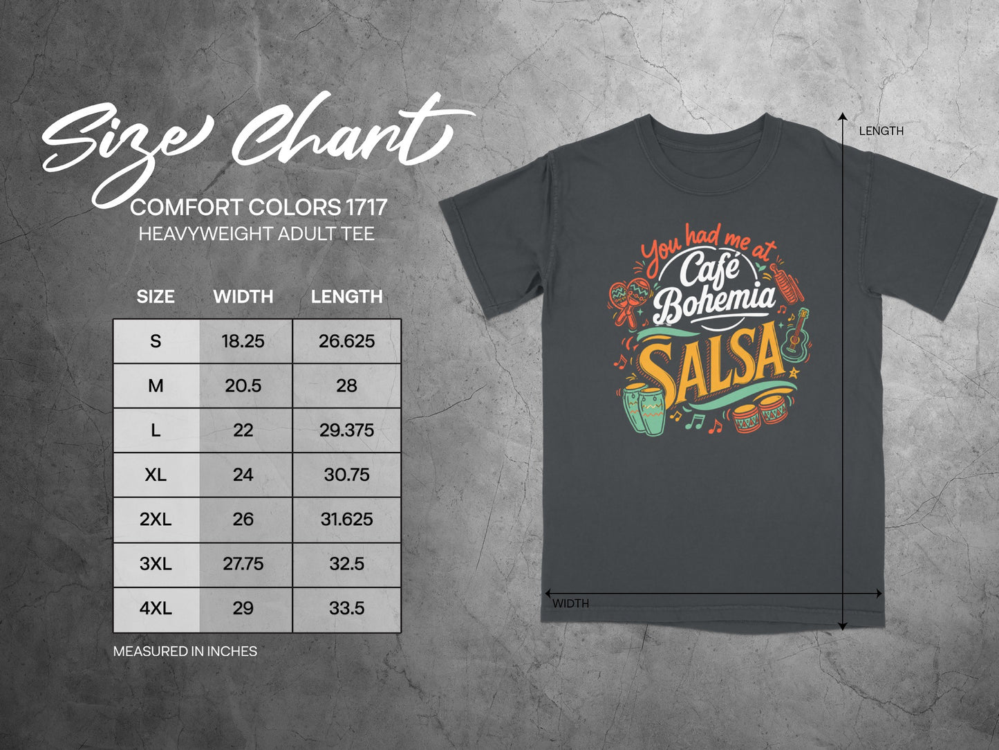 Size chart for a Comfort Colors heavyweight adult tee with "Café Bohemia" graphic.