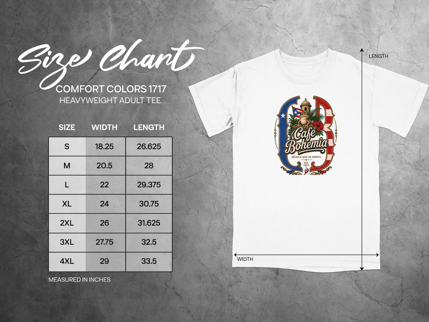 Comfort Colors 1717 heavyweight adult tee size chart with width and length measurements in inches.