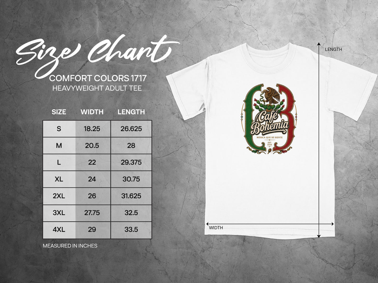 Comfort Colors 1717 heavyweight adult tee size chart with width and length measurements in inches.
