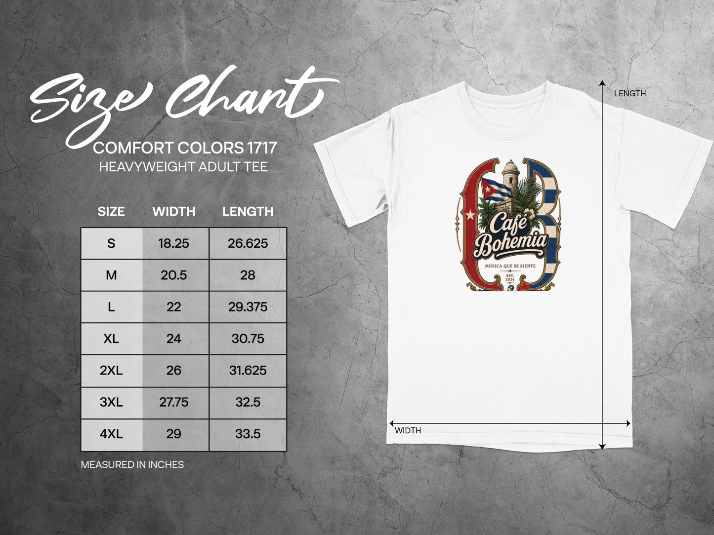 Comfort Colors 1717 heavyweight adult tee size chart with width and length in inches.