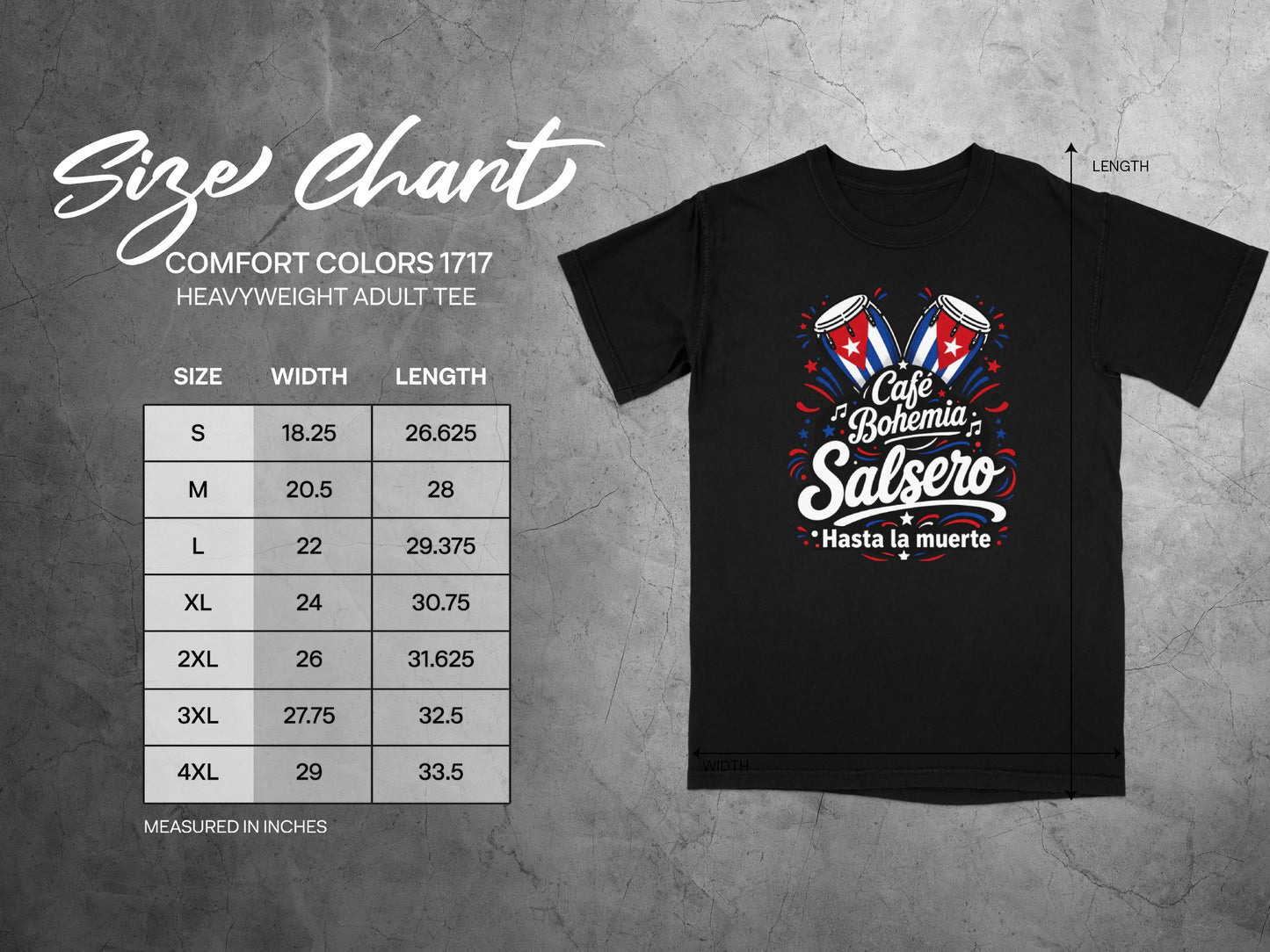 Size chart with t-shirt measurements for Cafe Bohemia Salsero t-shirt.