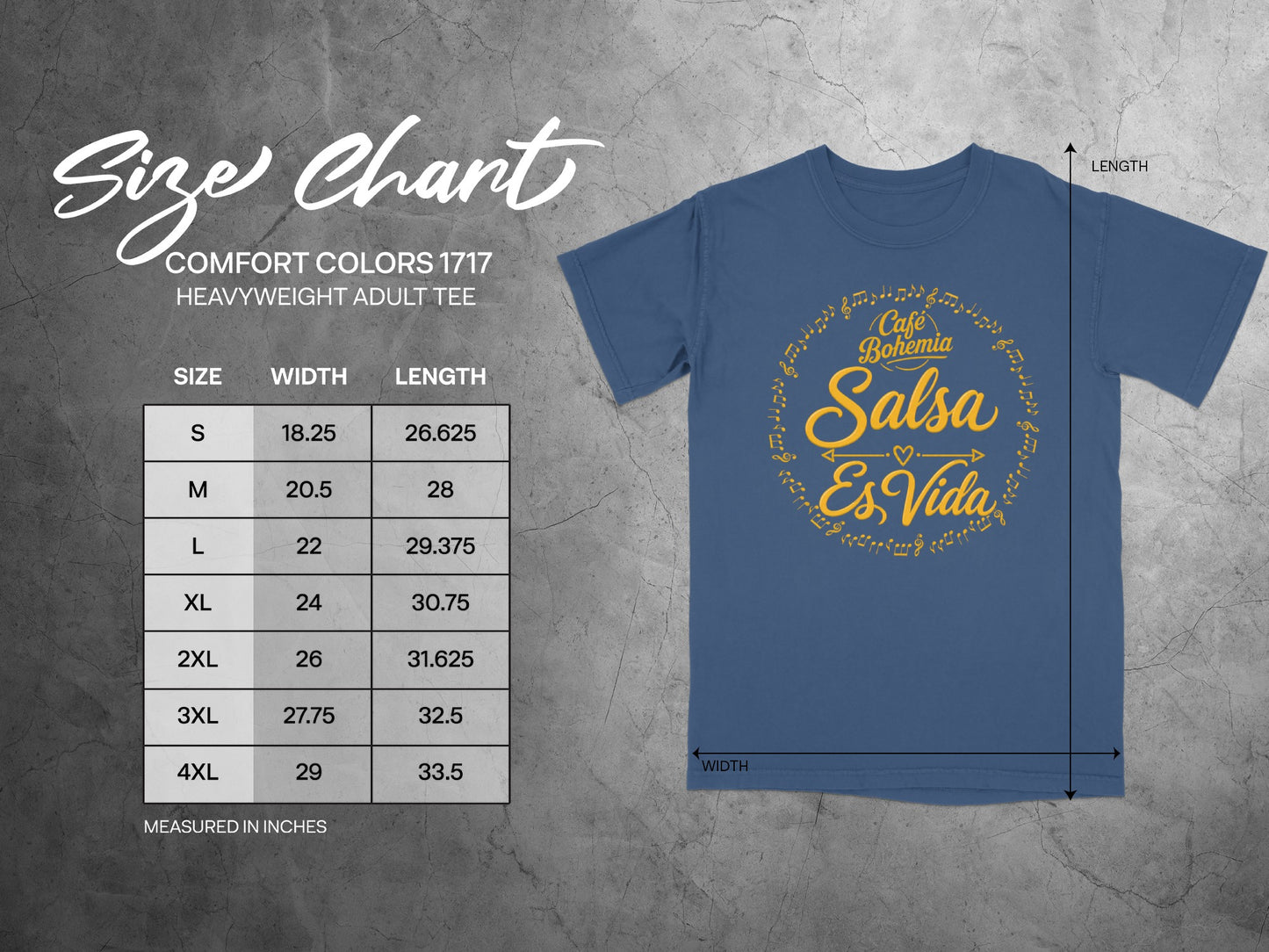 Size chart for Comfort Colors heavyweight adult tee with Salsa Es Vida graphic.