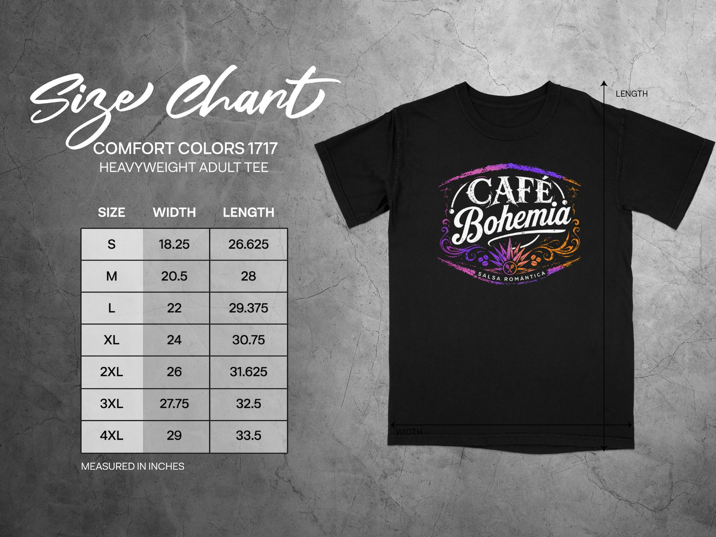Café Bohemia t-shirt size chart with width and length measurements in inches.