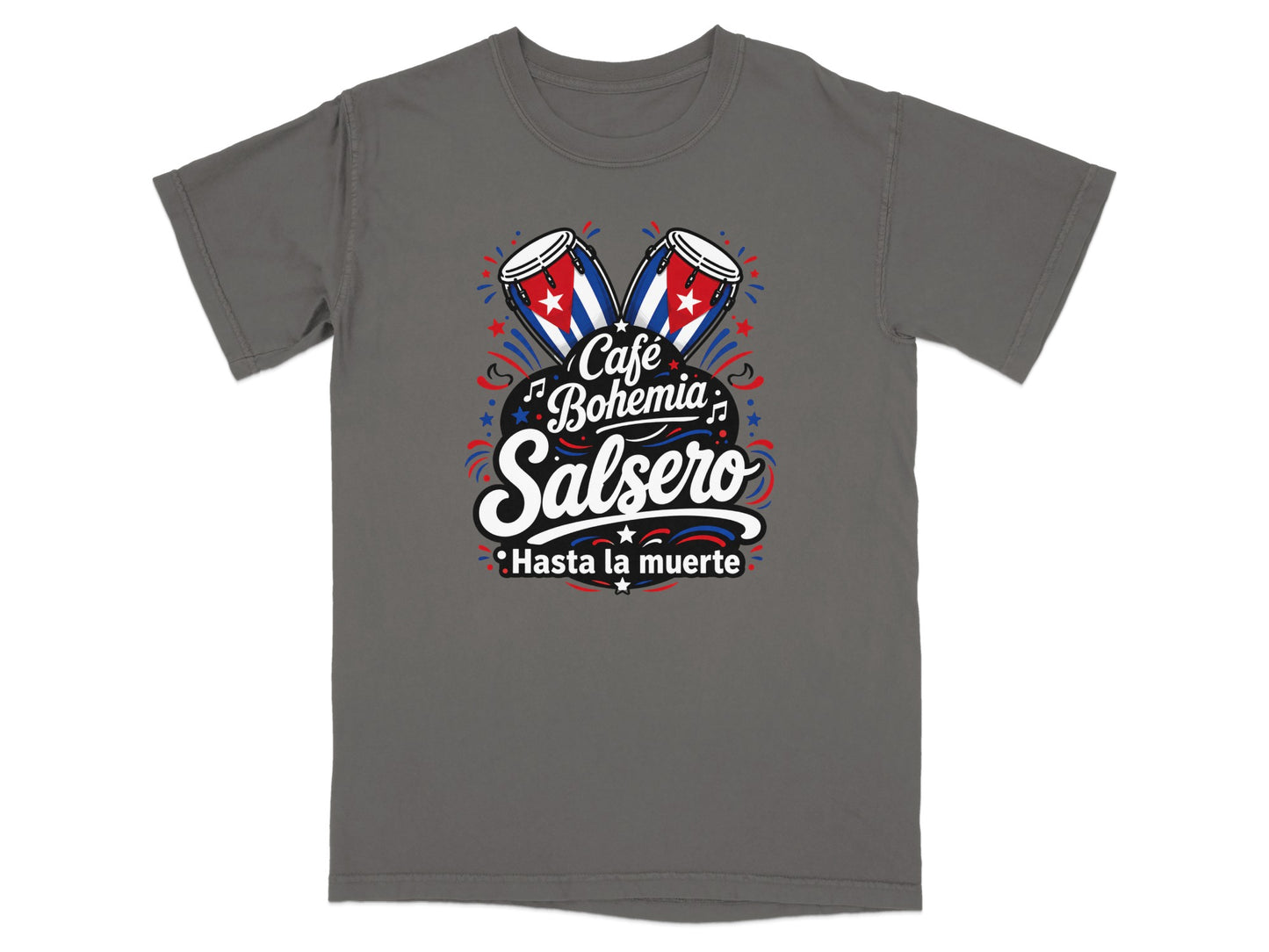 T-shirt with "Café Bohemia Salsero" and Cuban flags.
