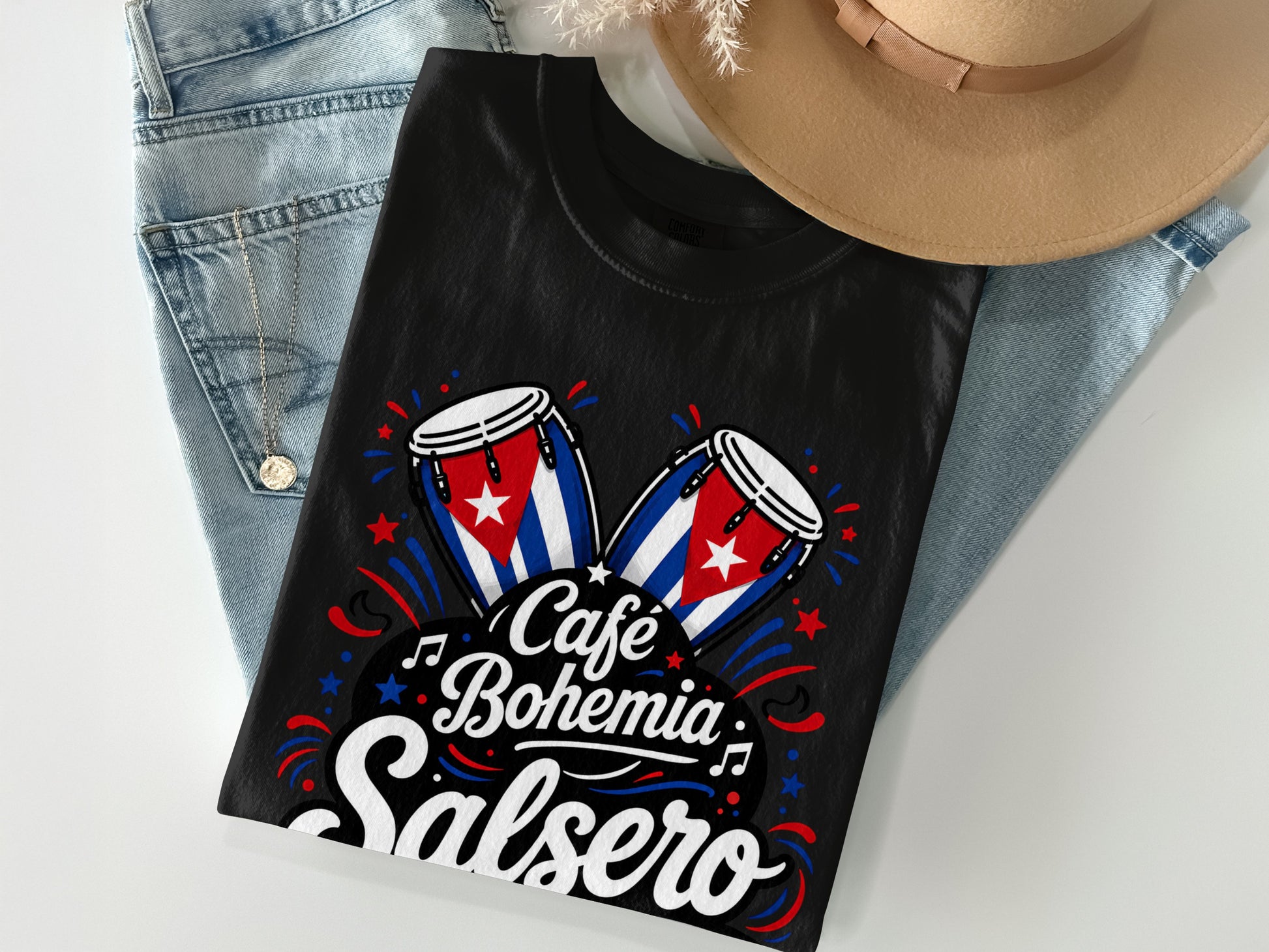 Black t-shirt with Cuban flag drums and "Cafe Bohemia" text.