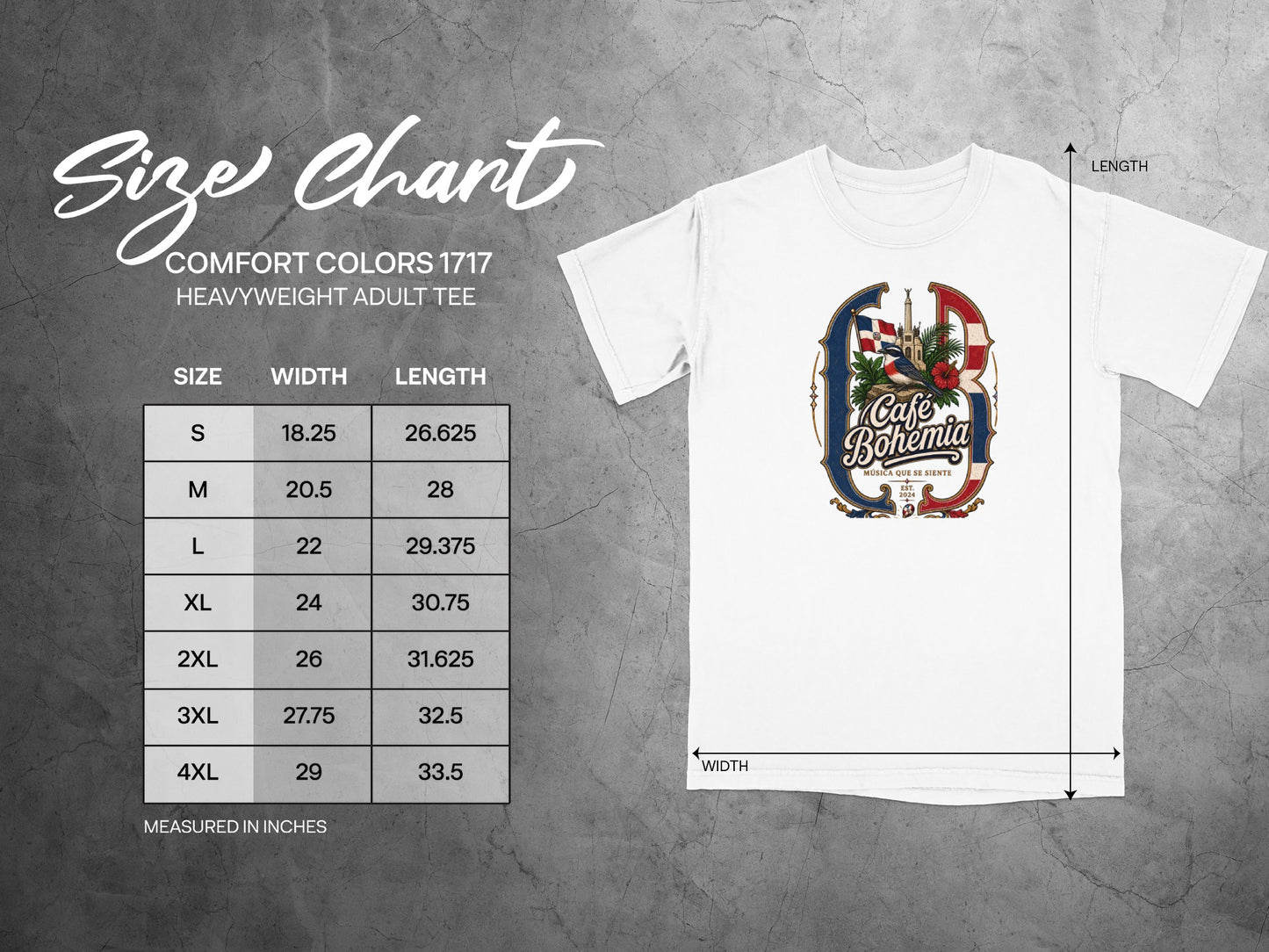 Comfort Colors 1717 heavyweight adult t-shirt size chart with width and length measurements.