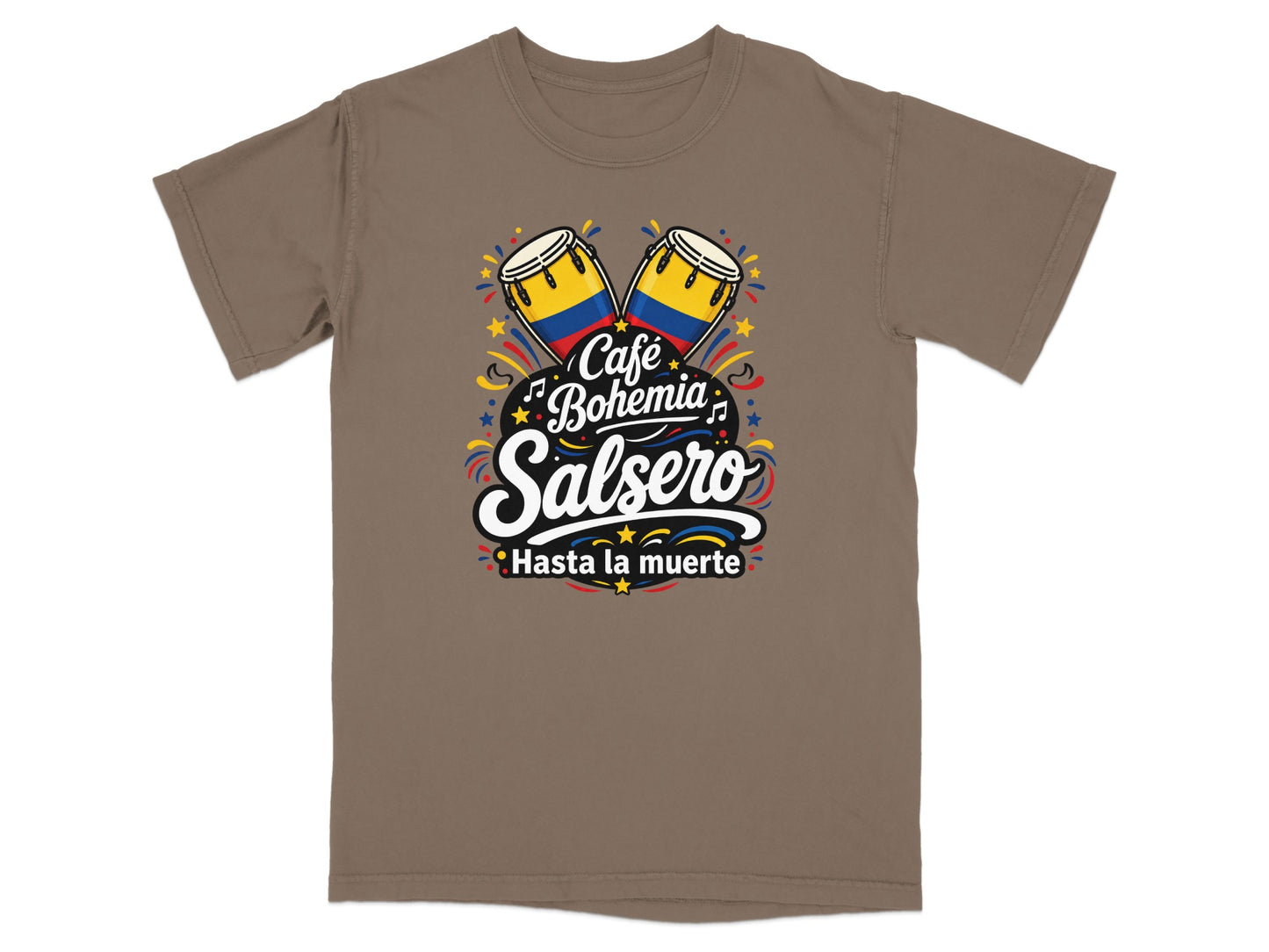 T-shirt with conga drums and "Cafe Bohemia Salsero Hasta la muerte" text.