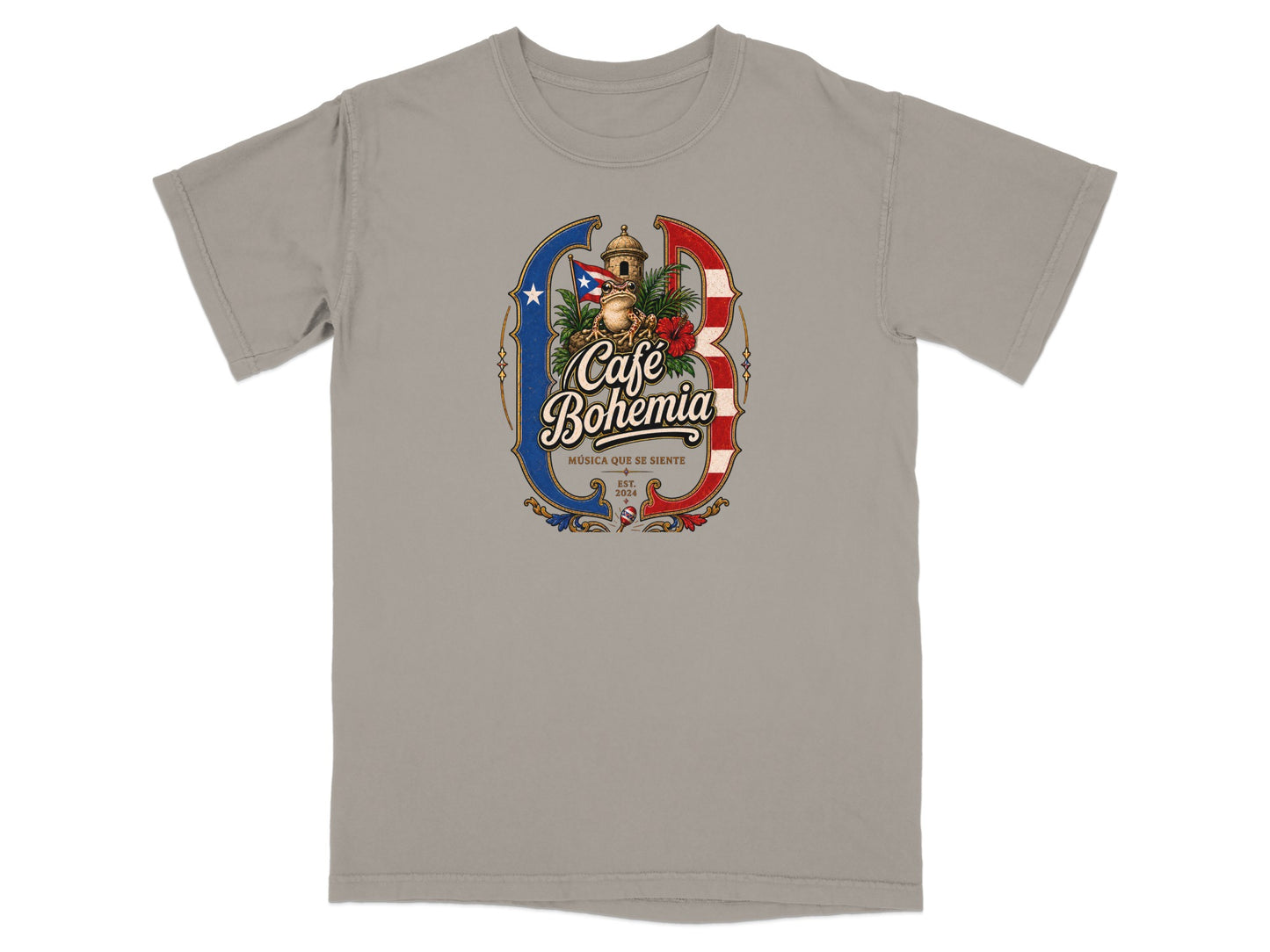 T-shirt with Cafe Bohemia logo featuring frog, lighthouse, and Puerto Rico flag.