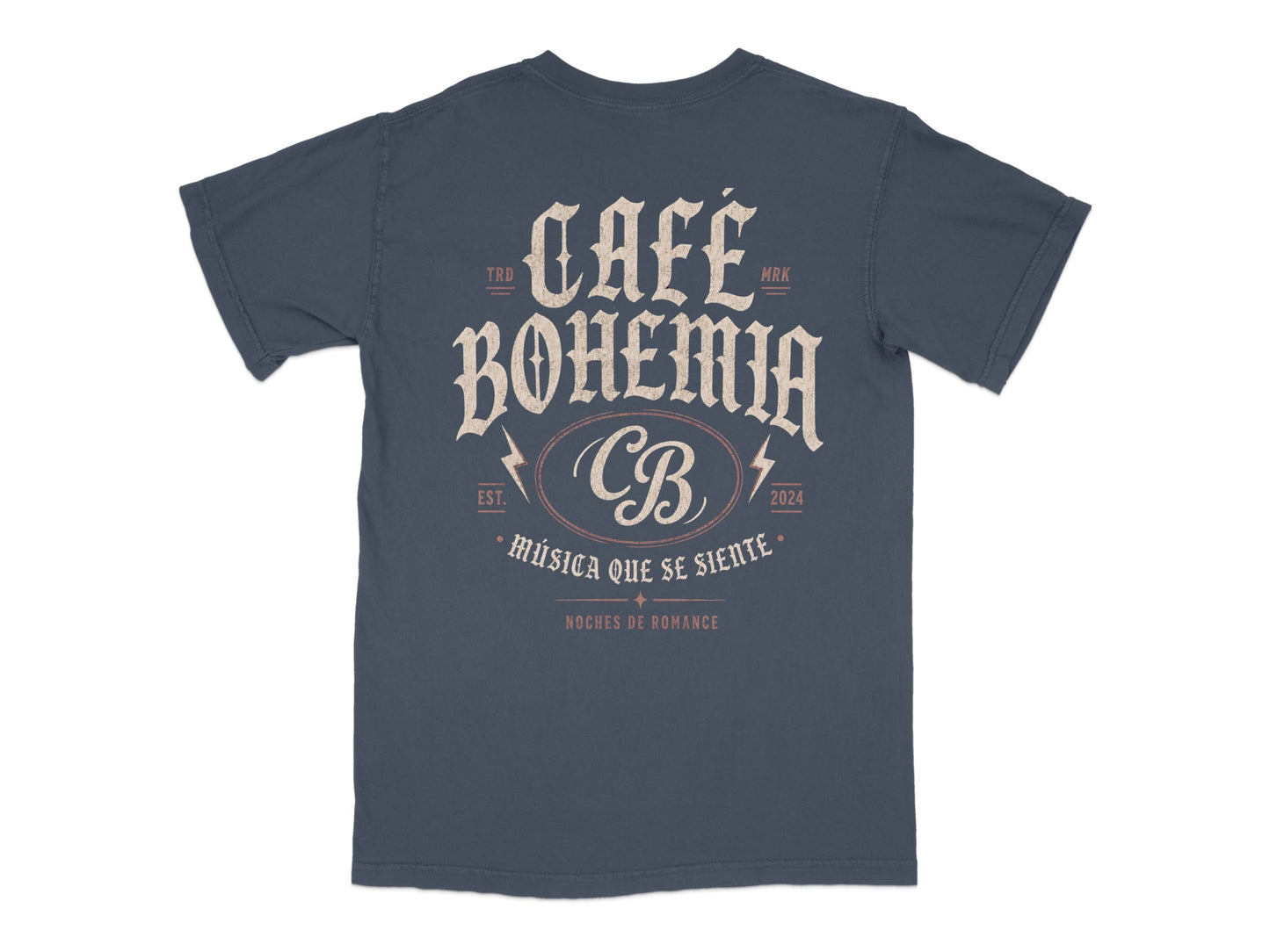 Dark t-shirt with "Café Bohemia" and "Noches de Romance" text.