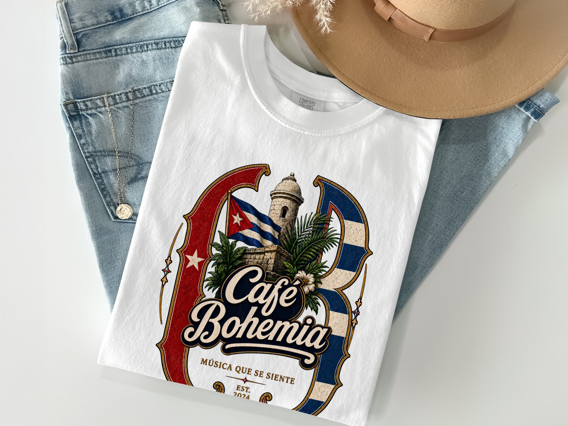 White t-shirt with "Cafe Bohemia" text, Cuban flag, and fortress graphic.