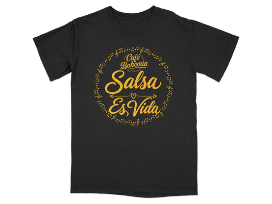 Black t-shirt with "Café Bohemia Salsa Es Vida" in yellow lettering surrounded by musical notes.