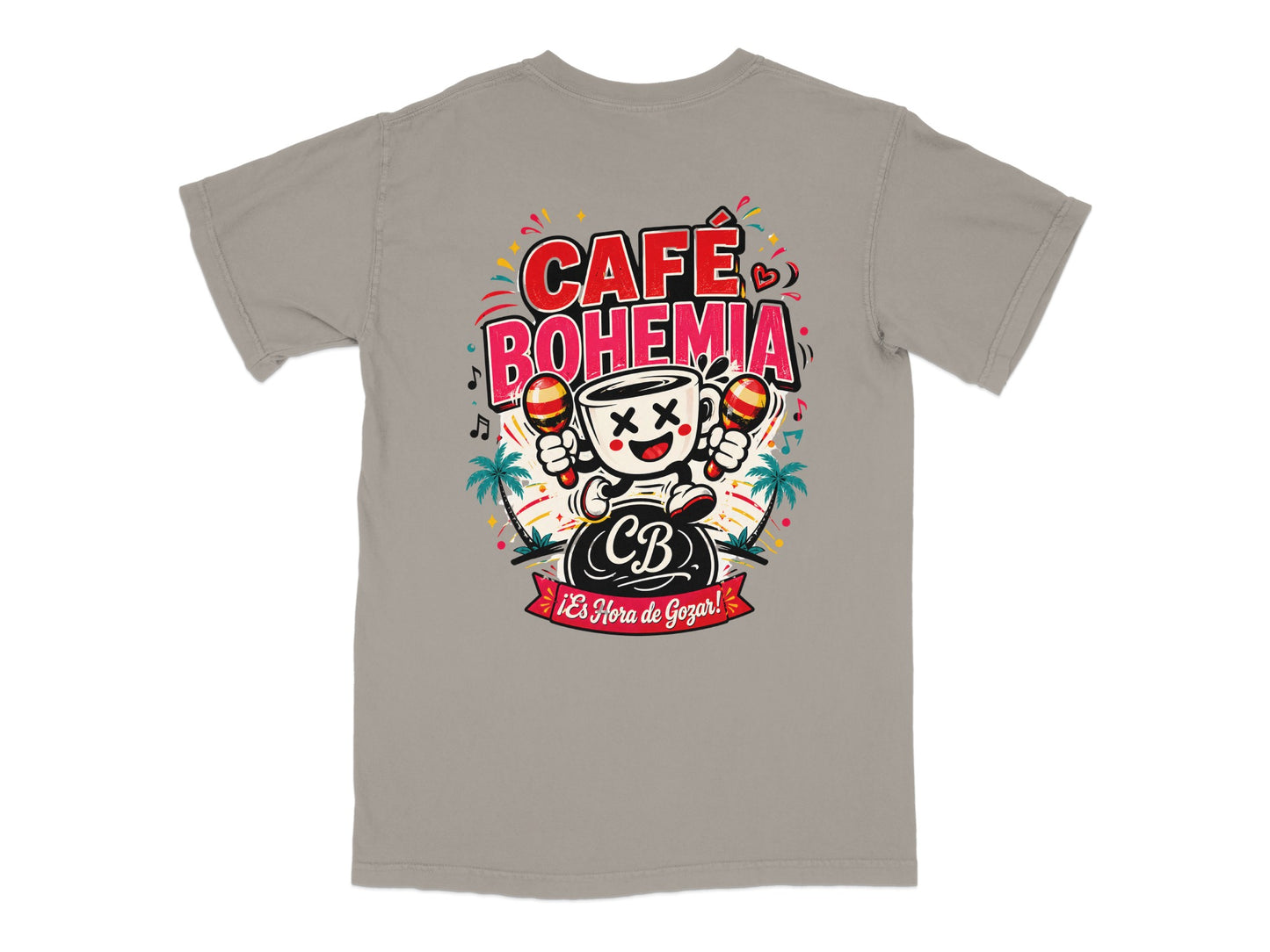 Cafe Bohemia graphic tee with smiling coffee cup character playing maracas.