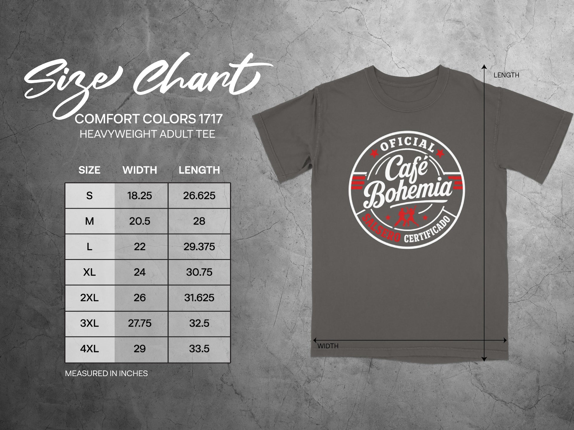 Size chart for Comfort Colors 1717 heavyweight adult tee with measurements.