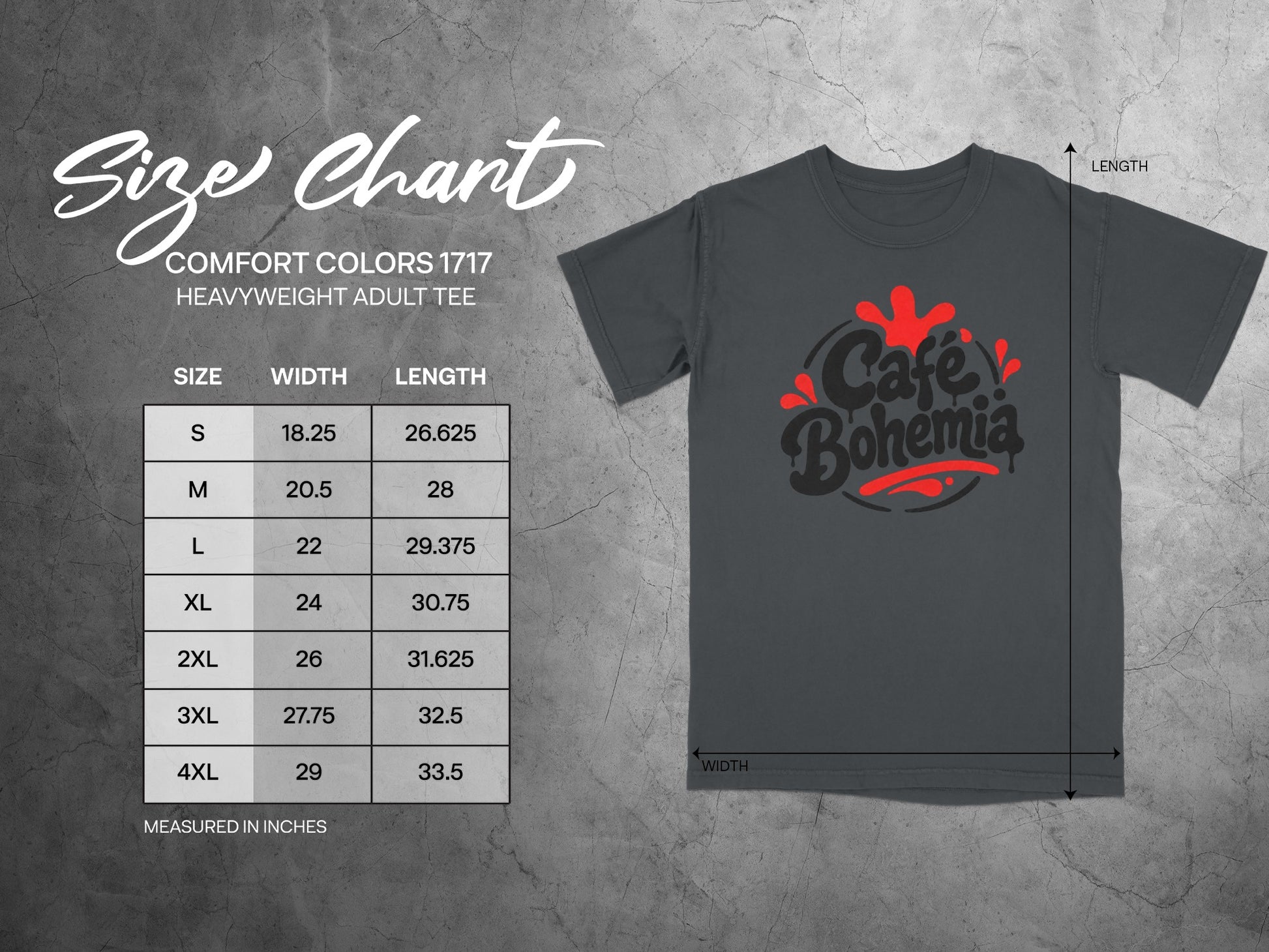 Café Bohemia t-shirt size chart with measurements for width and length.