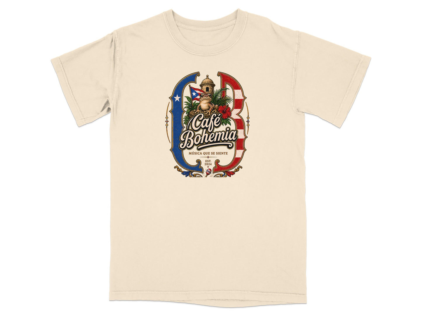 Café Bohemia text with frog, Puerto Rico flag, and lighthouse on a cream t-shirt.