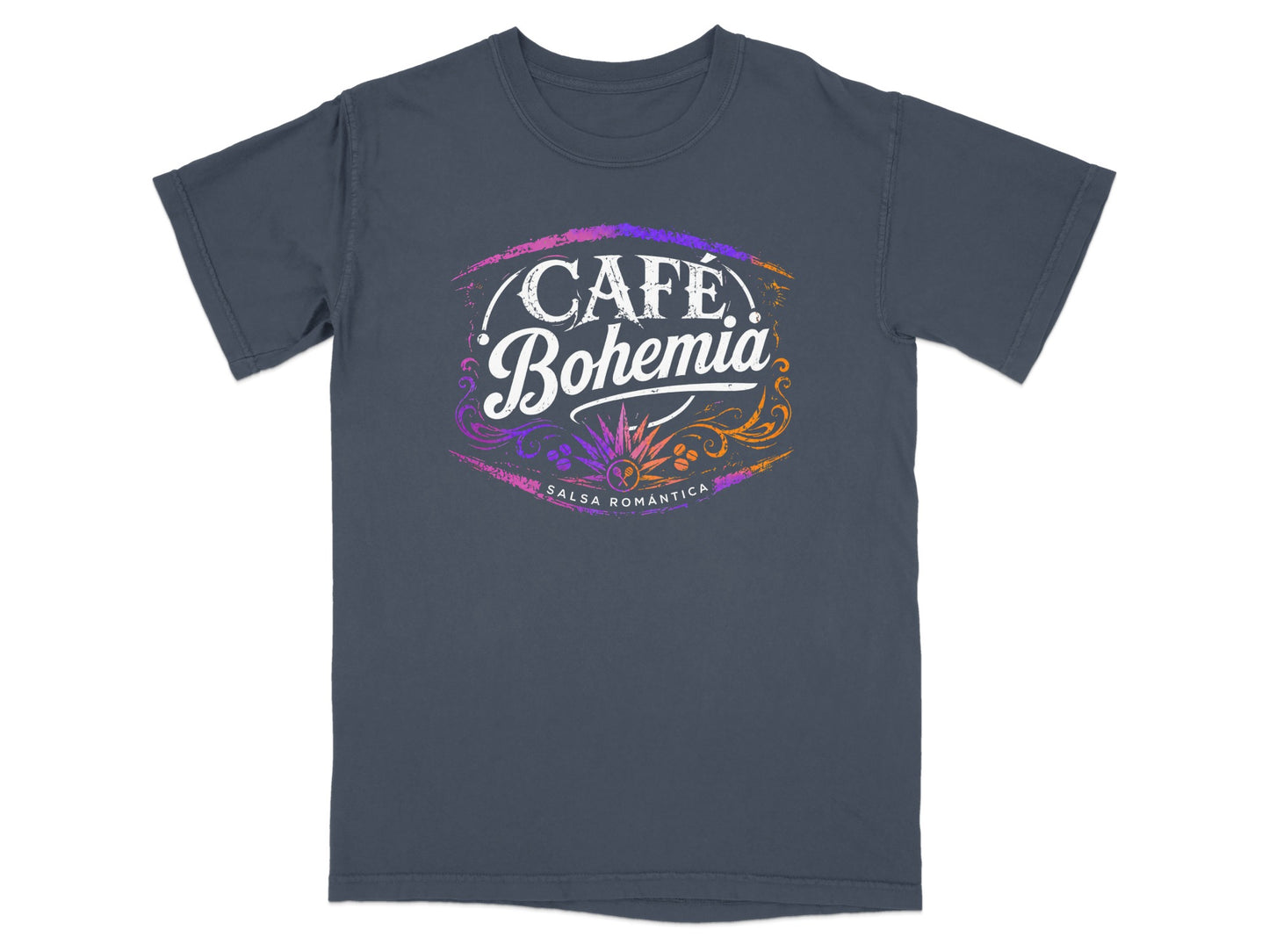 Café Bohemia Salsa Romántica graphic t-shirt with colorful distressed logo.