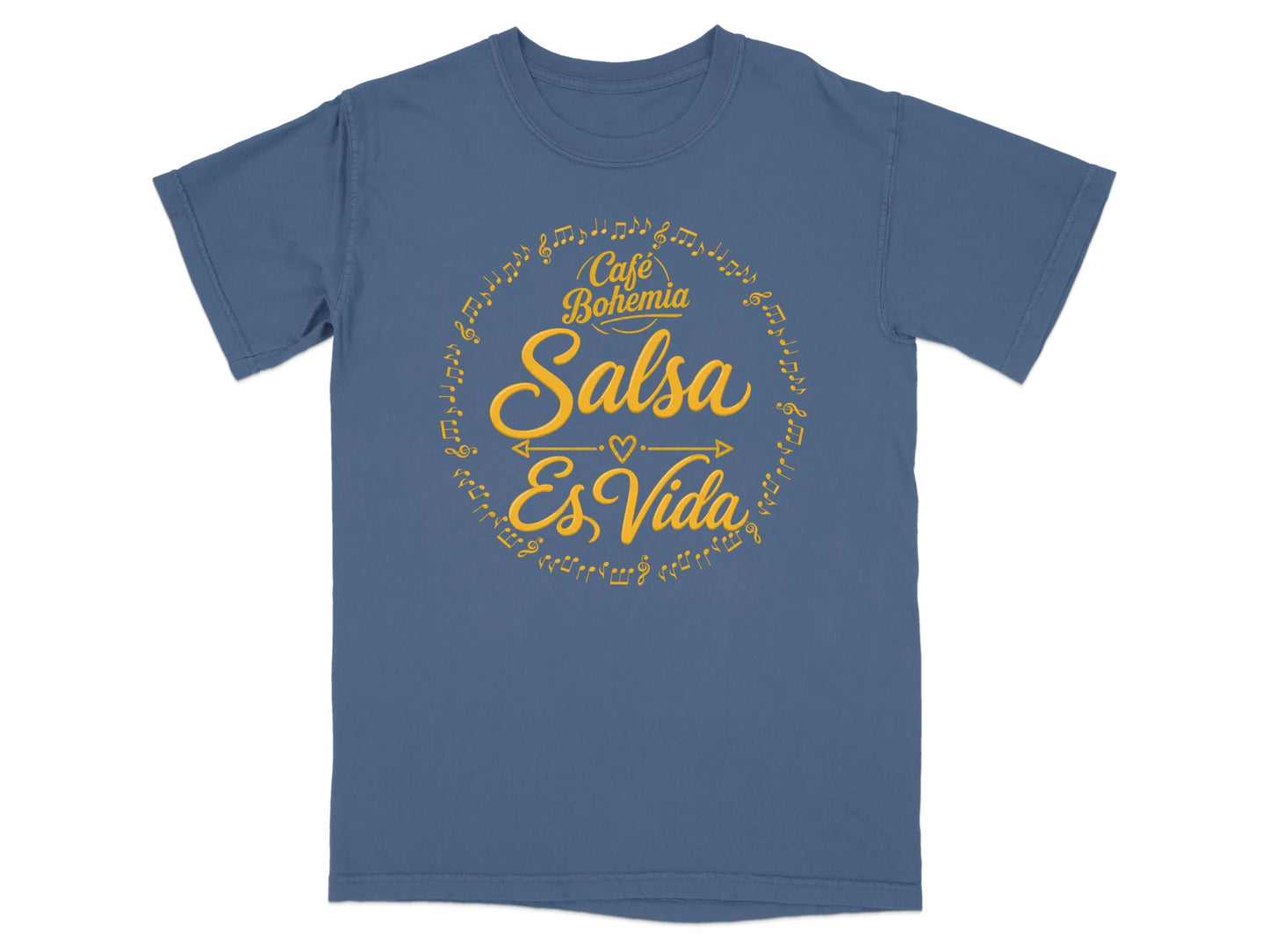 Café Bohemia Salsa Es Vida t-shirt with musical notes design.