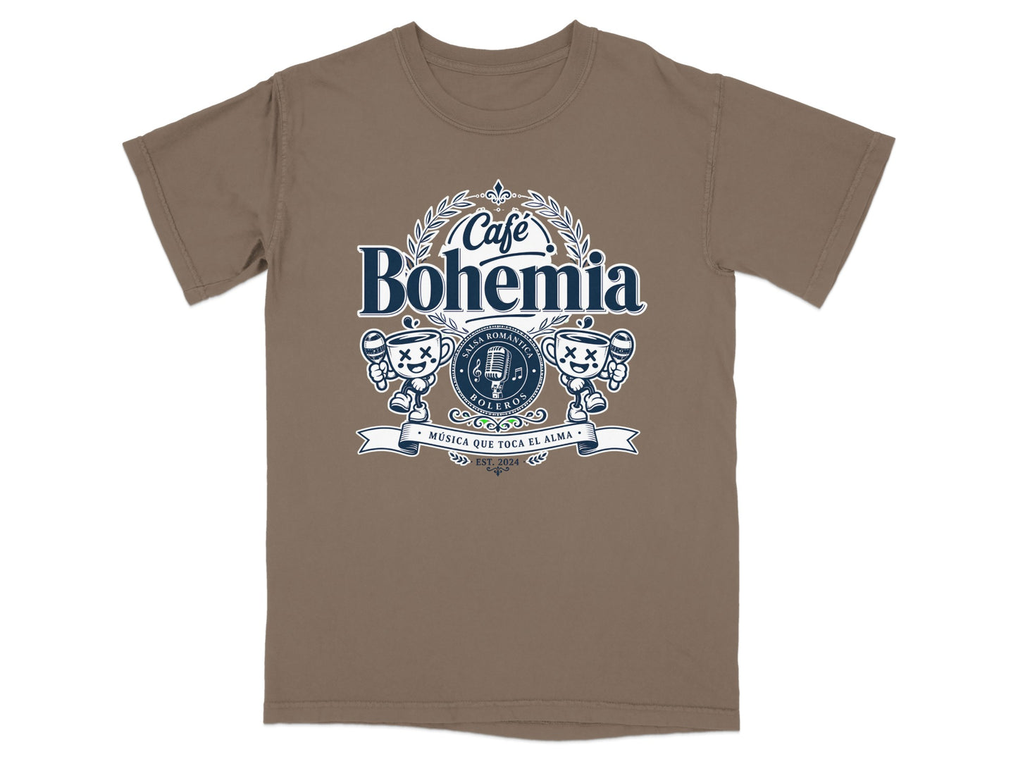 Cafe Bohemia logo with microphones and Latin phrase "MÚSICA QUE TOCA EL ALMA."
