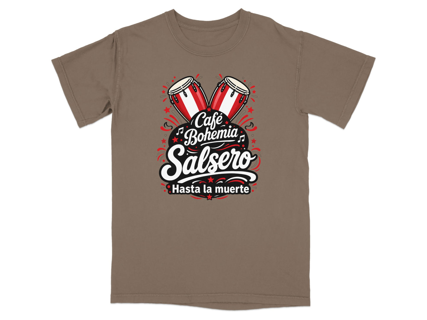 Brown t-shirt with "Café Bohemia Salsero" and drums graphic.