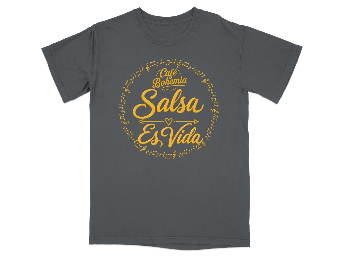 Dark grey t-shirt with "Café Bohemia Salsa Es Vida" and musical notes design.