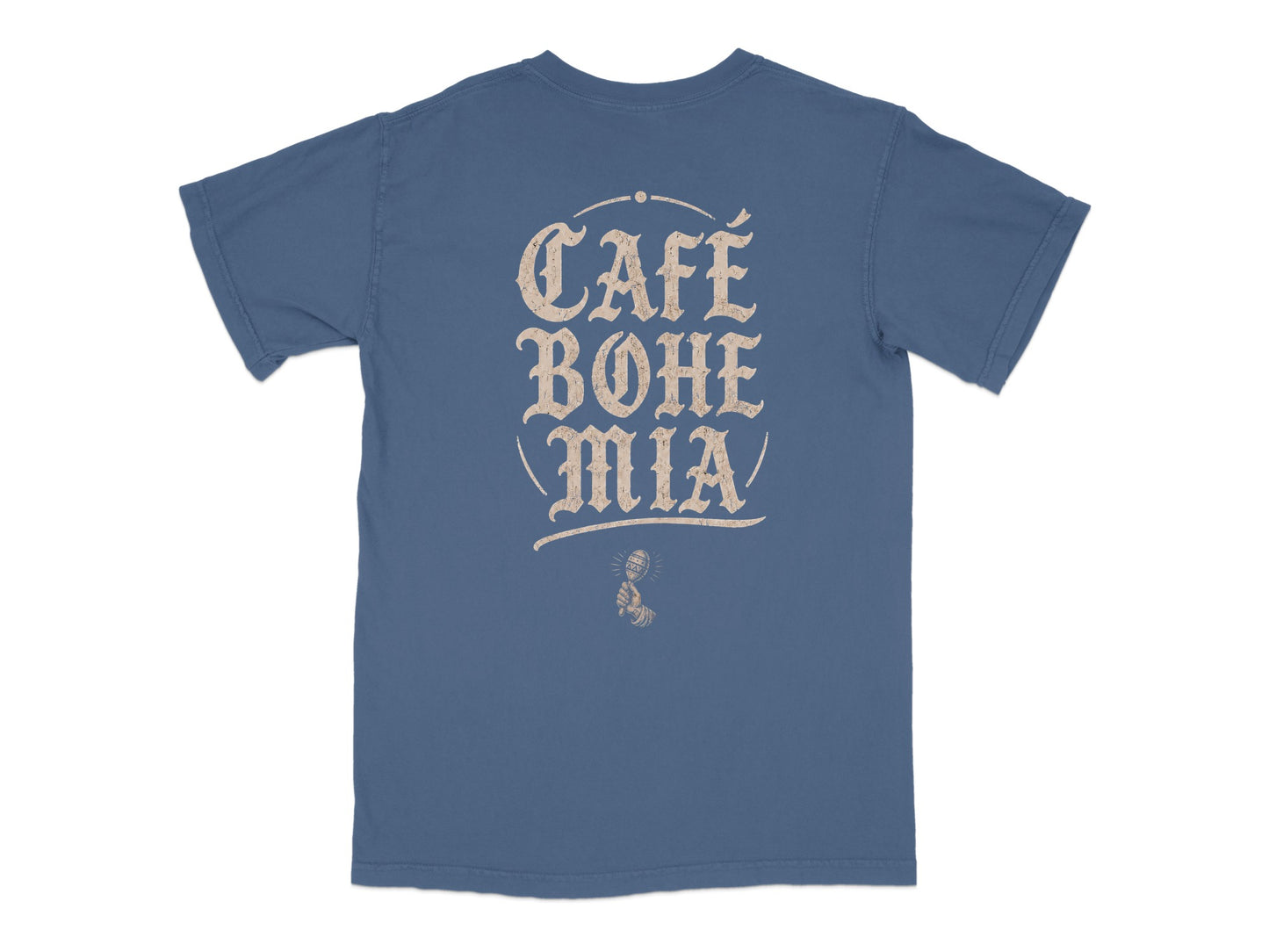 Blue t-shirt with "Cafe Bohe Mia" and microphone design on back.
