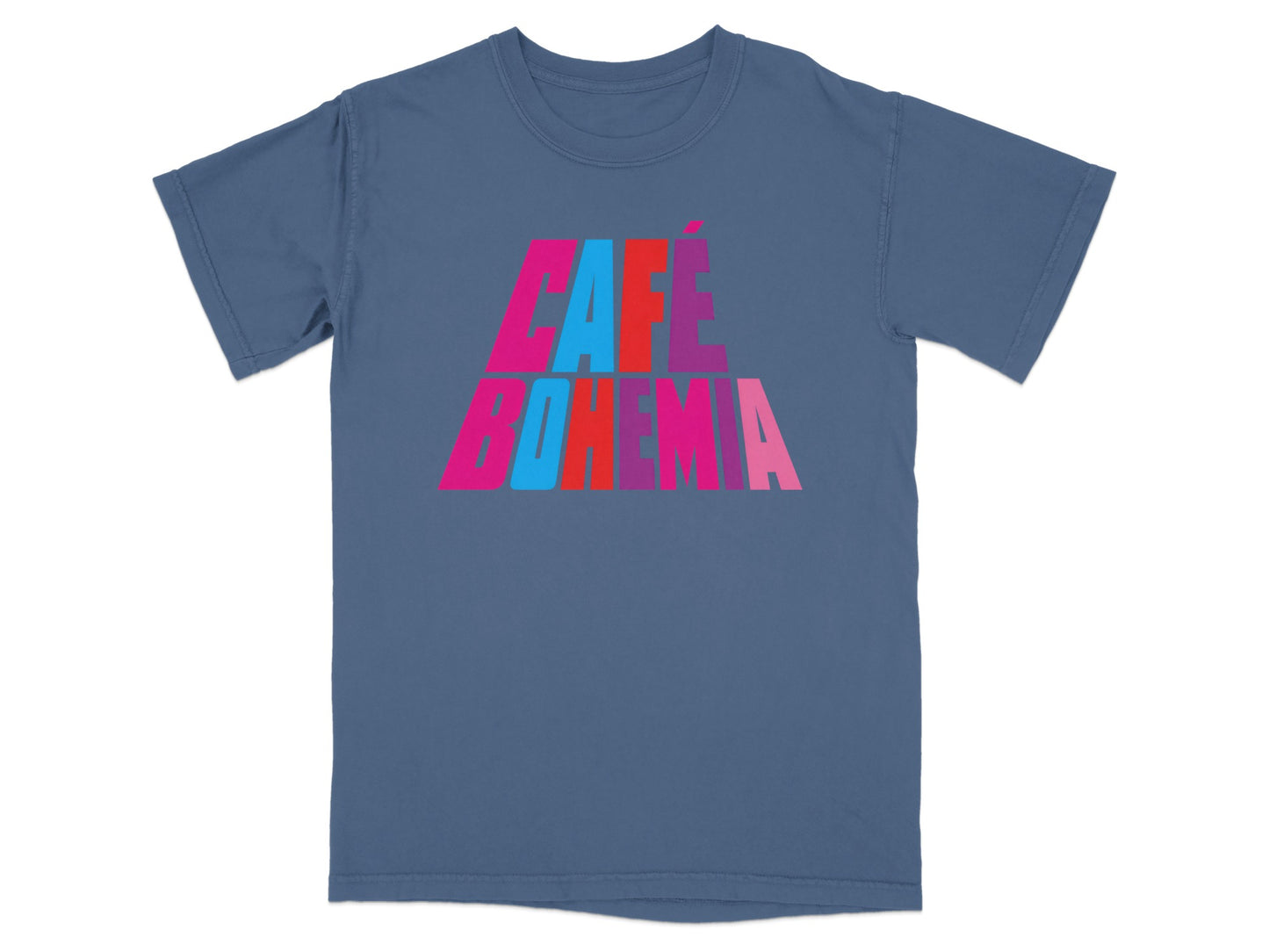 Blue t-shirt with "Café Bohemia" in large, colorful block letters.