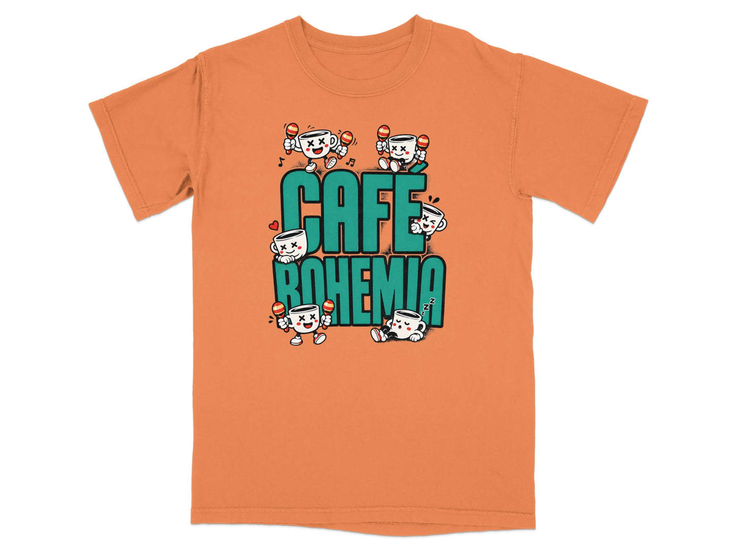Orange t-shirt with cartoon coffee cups singing and sleeping, "Cafe Bohemia" text.