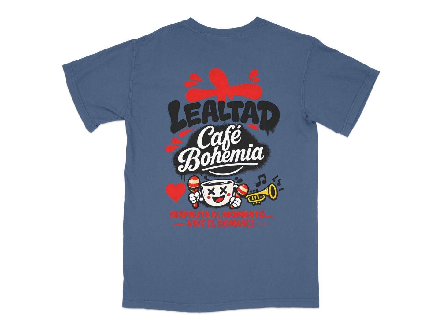 Blue t-shirt with "Lealtad Café Bohemia" text and festive musical graphic.