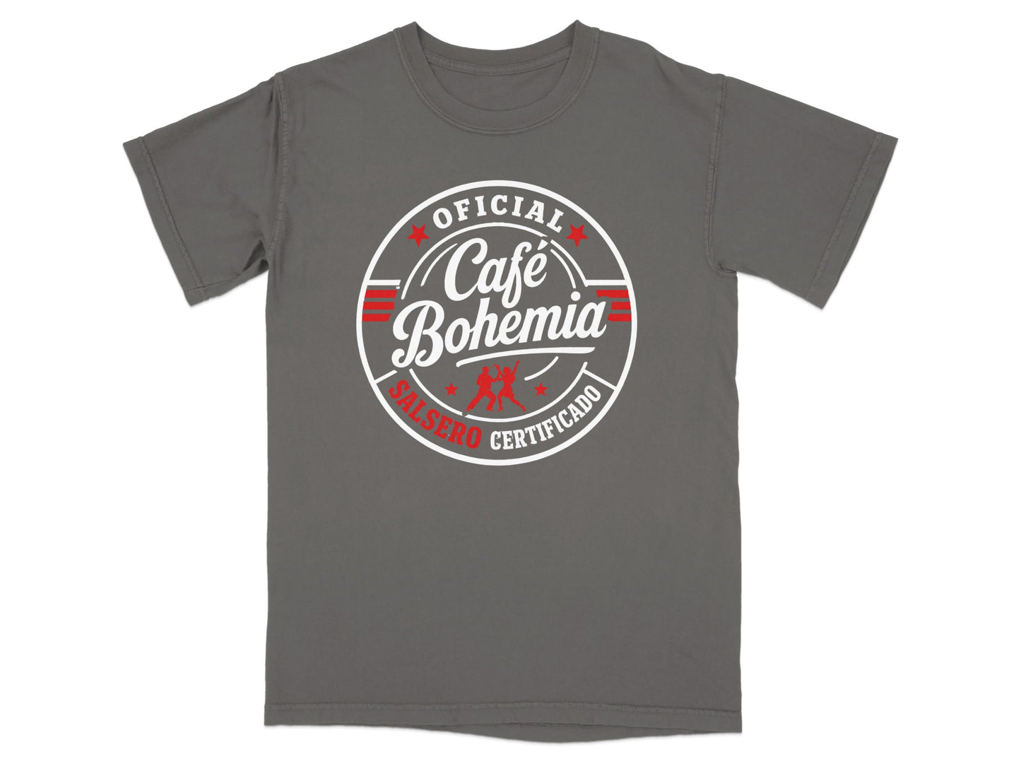 Grey t-shirt with round "Café Bohemia" logo featuring dancers and text.