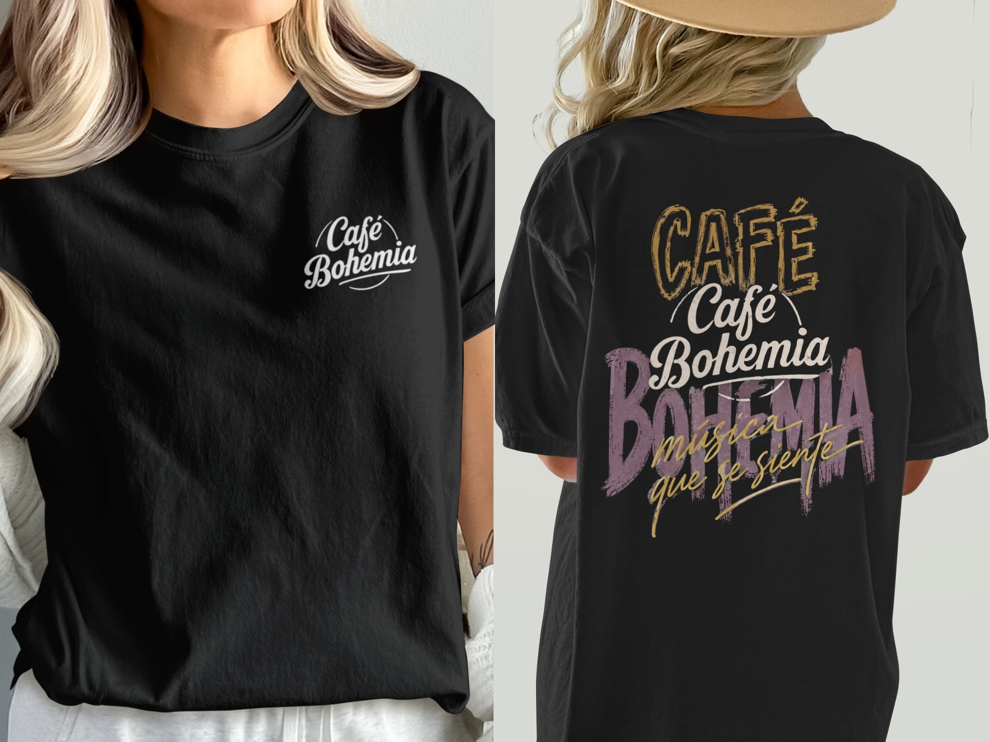Black t-shirt with "Cafe Bohemia" logo on front and text on back.