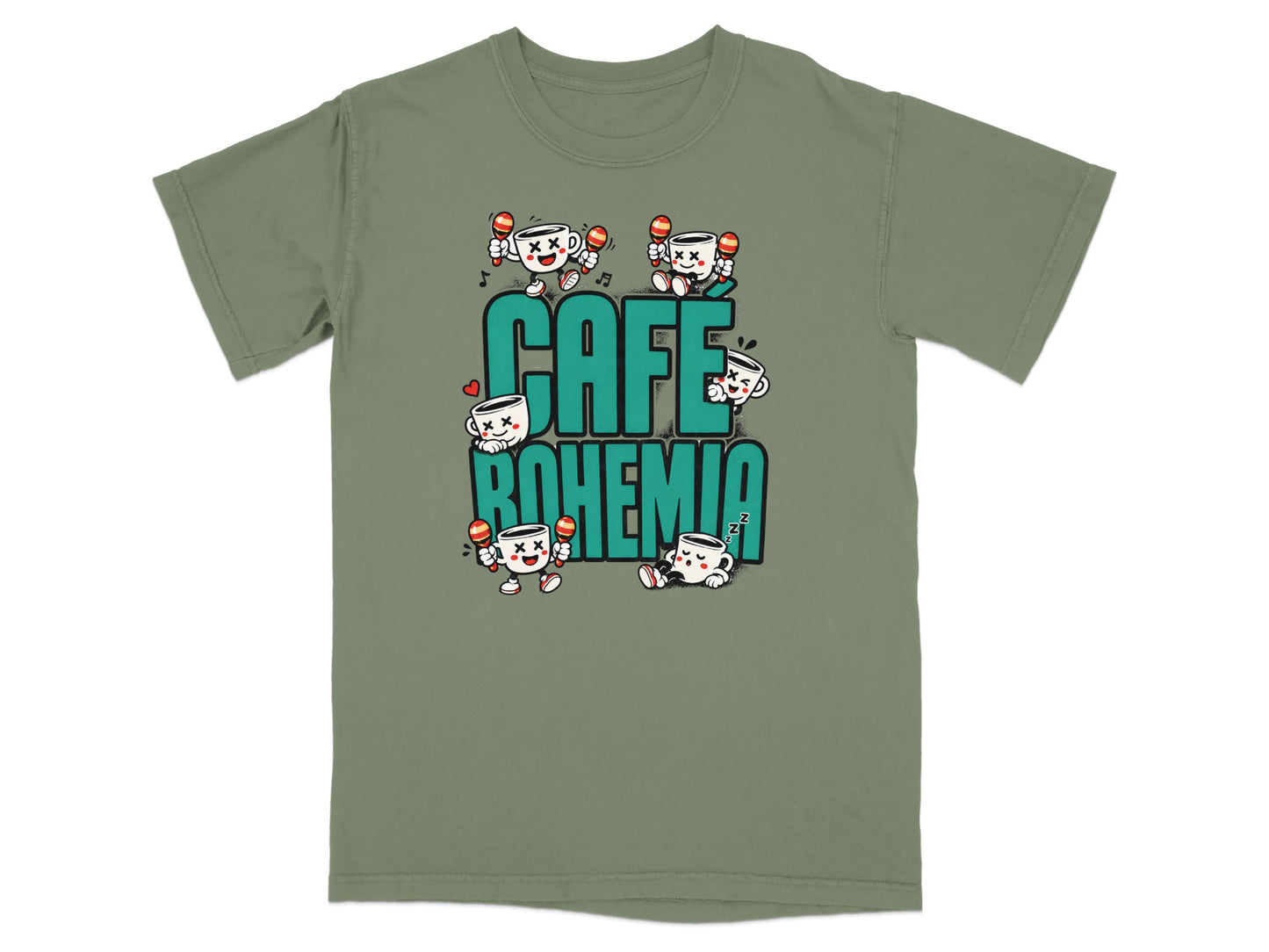 T-shirt with cartoon coffee cups and "Cafe Bohemia" text.