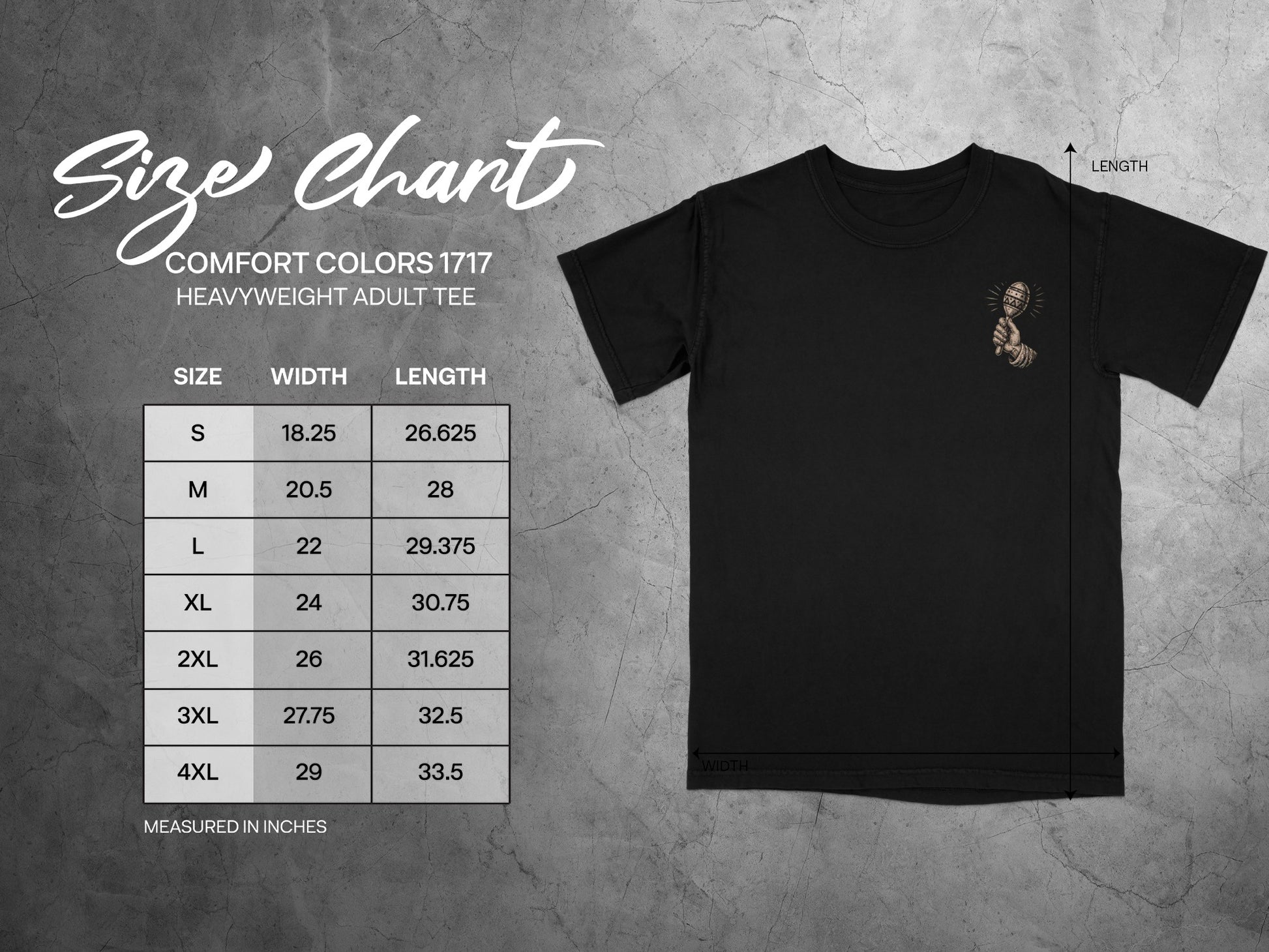 Comfort Colors 1717 heavyweight adult tee size chart with width and length measurements.