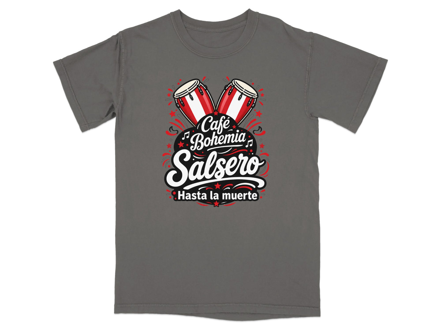 Gray t-shirt with "Café Bohemia Salsero Hasta la muerte" and conga drums.