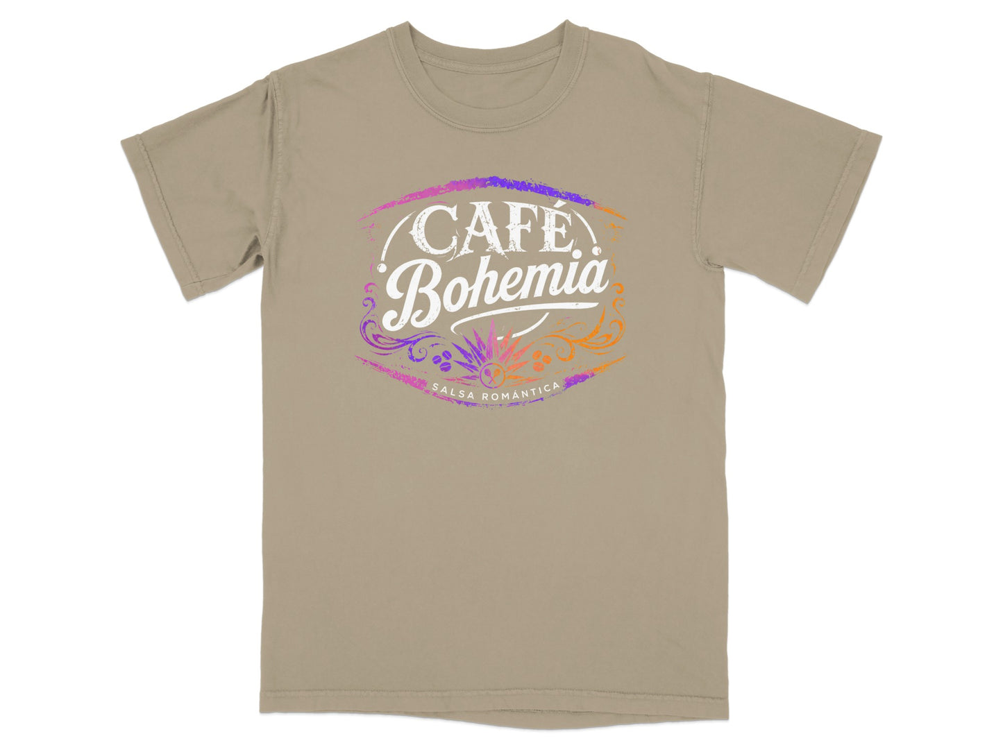 T-shirt with "Café Bohemia Salsa Romántica" logo in vibrant colors.