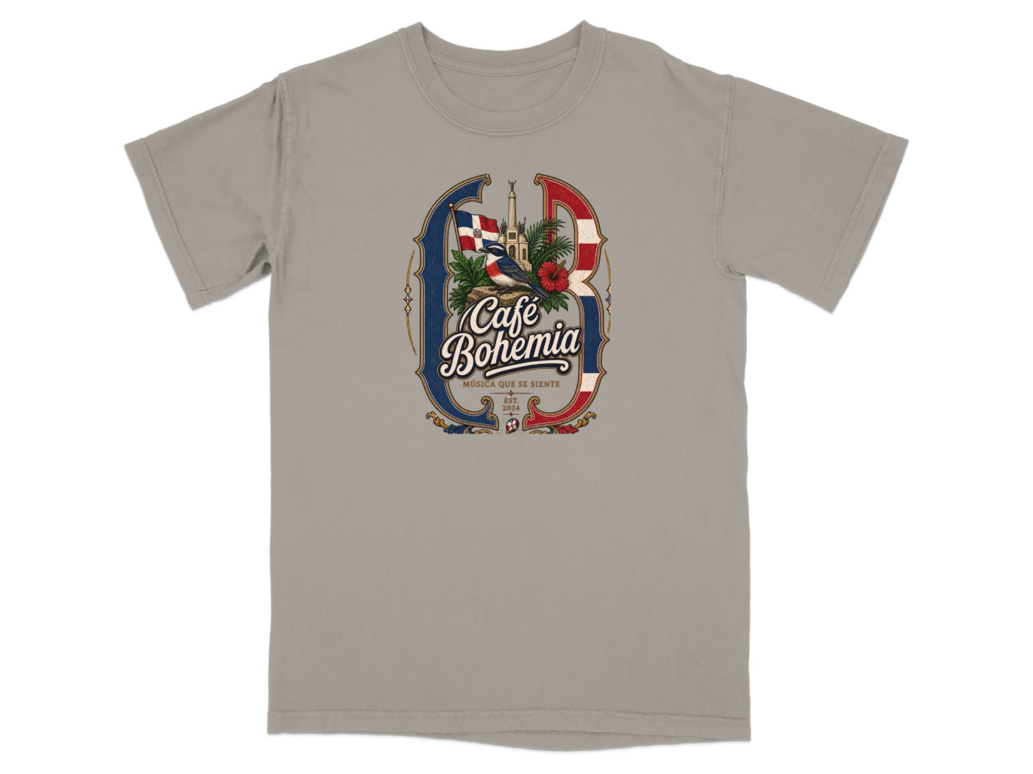 T-shirt with circular logo featuring "Cafe Bohemia" text, a bird, and the Dominican Republic flag.