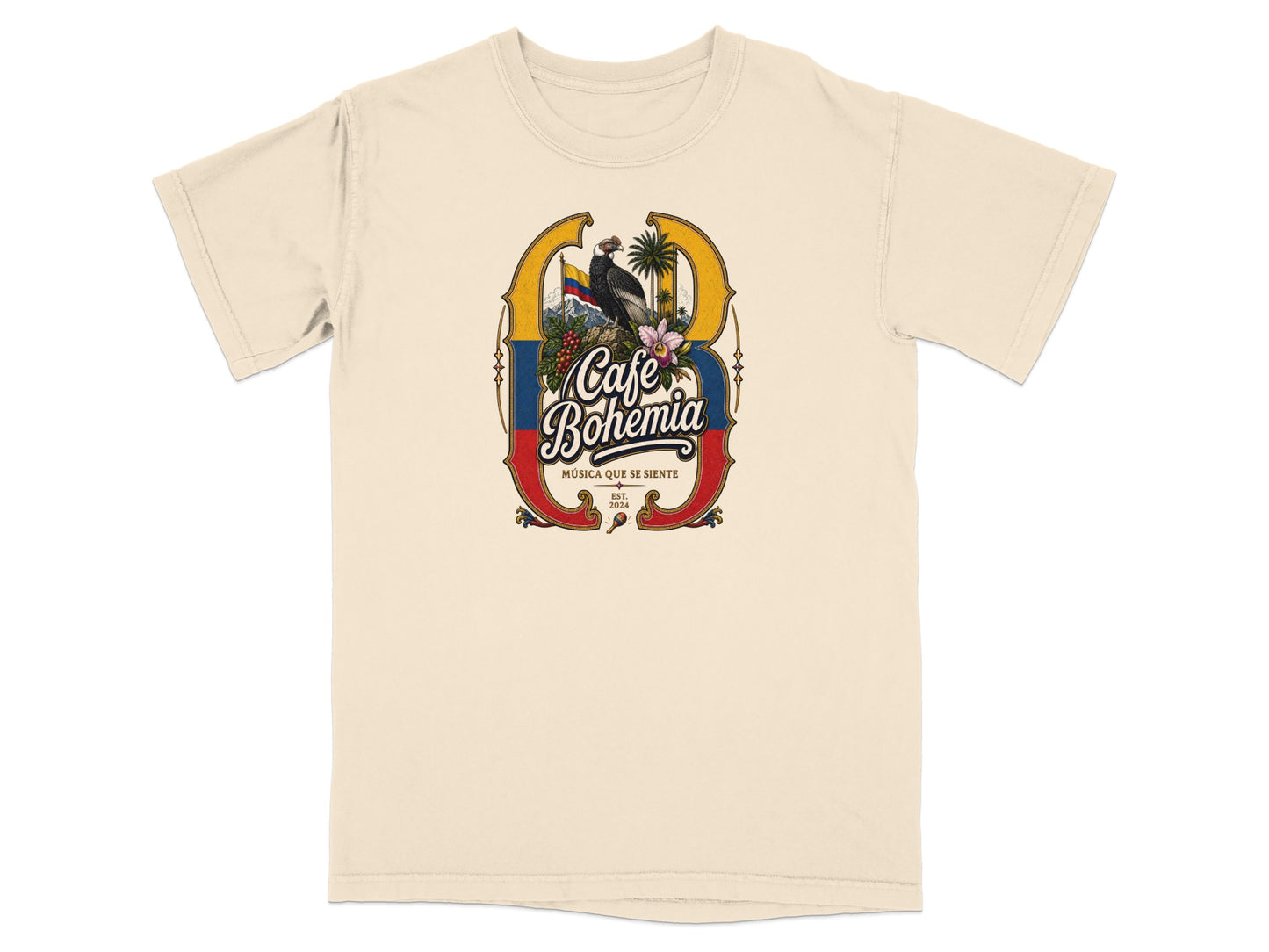 Cream t-shirt with "Cafe Bohemia Música Que Se Siente Est. 2024" graphic.