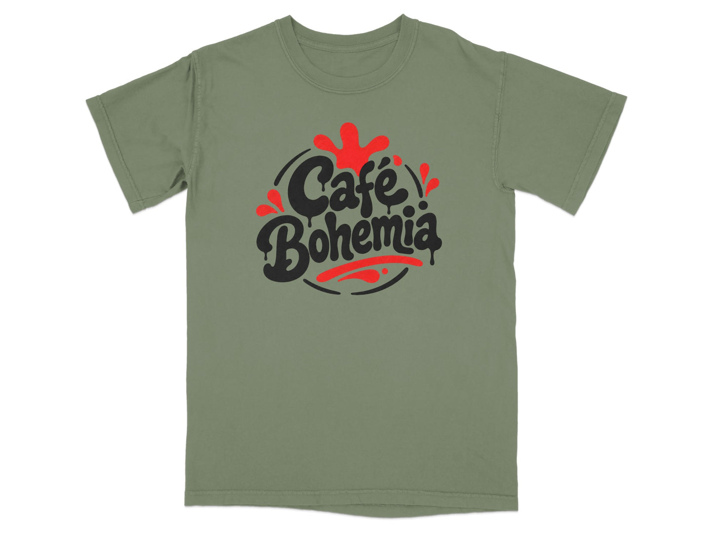 Olive green t-shirt with red "Cafe Bohemia" logo in graffiti style.