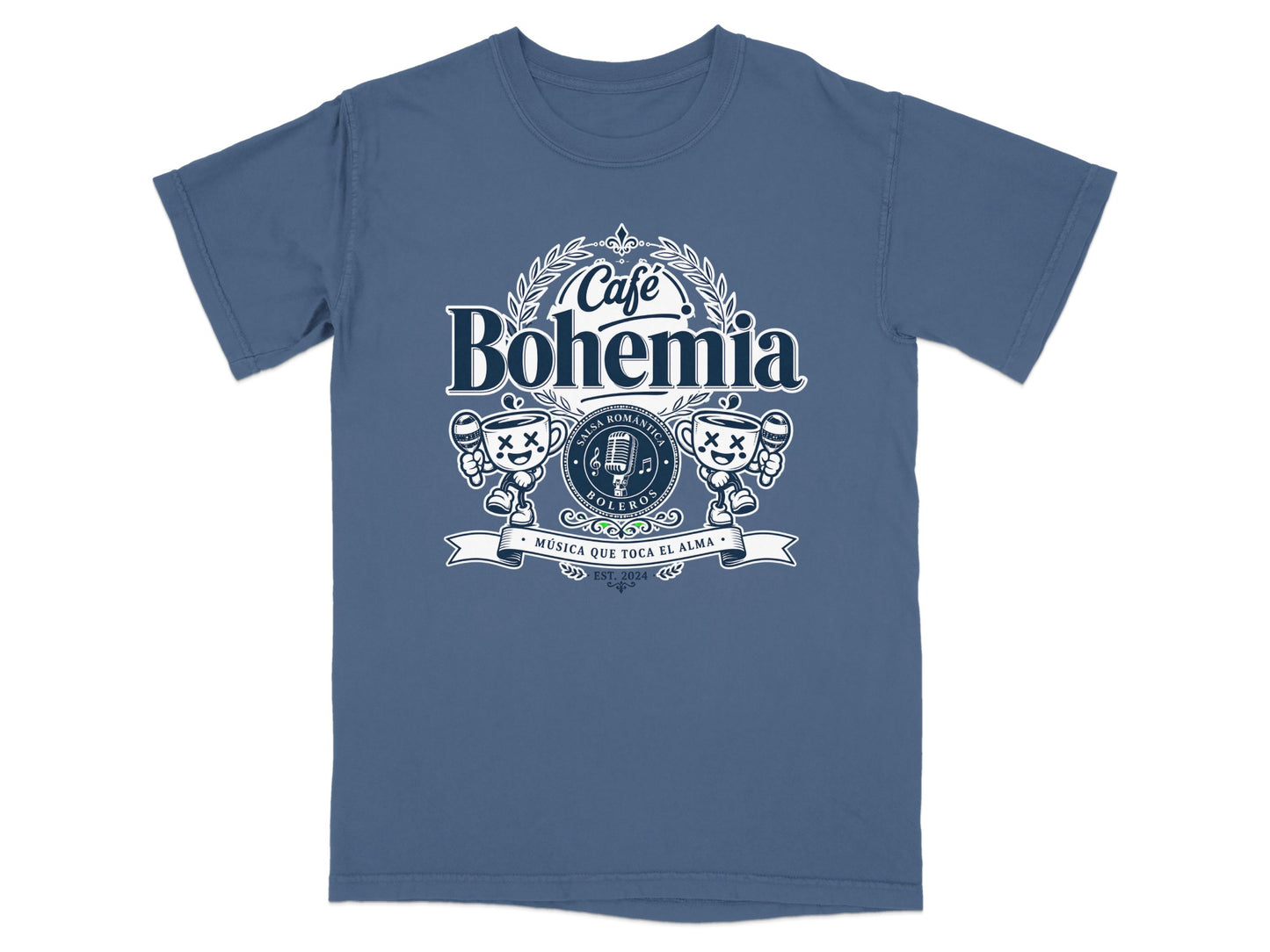 Cafe Bohemia t-shirt with musical notes and text "Música que toca el alma".
