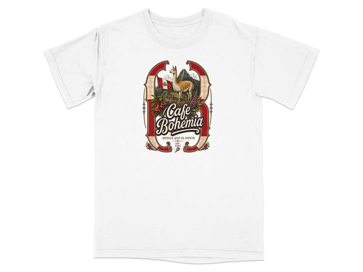 White t-shirt with "Cafe Bohemia" logo featuring a llama and Peruvian flag.