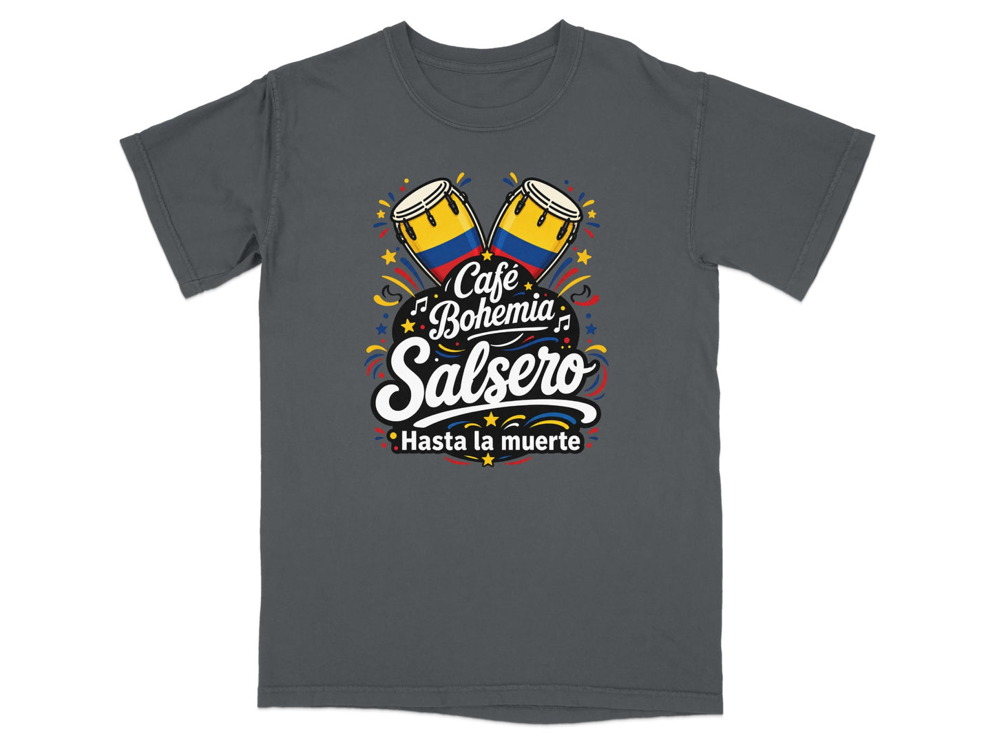 T-shirt with "Café Bohemia Salsero Hasta la muerte" text and drums.