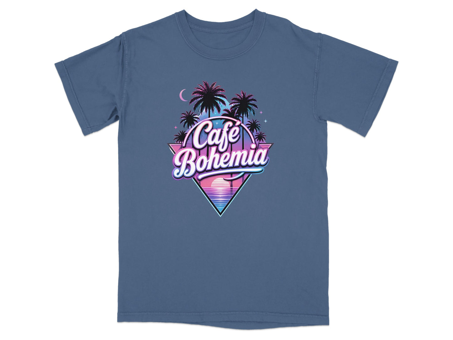 T-shirt with Cafe Bohemia logo featuring palm trees and a sunset.