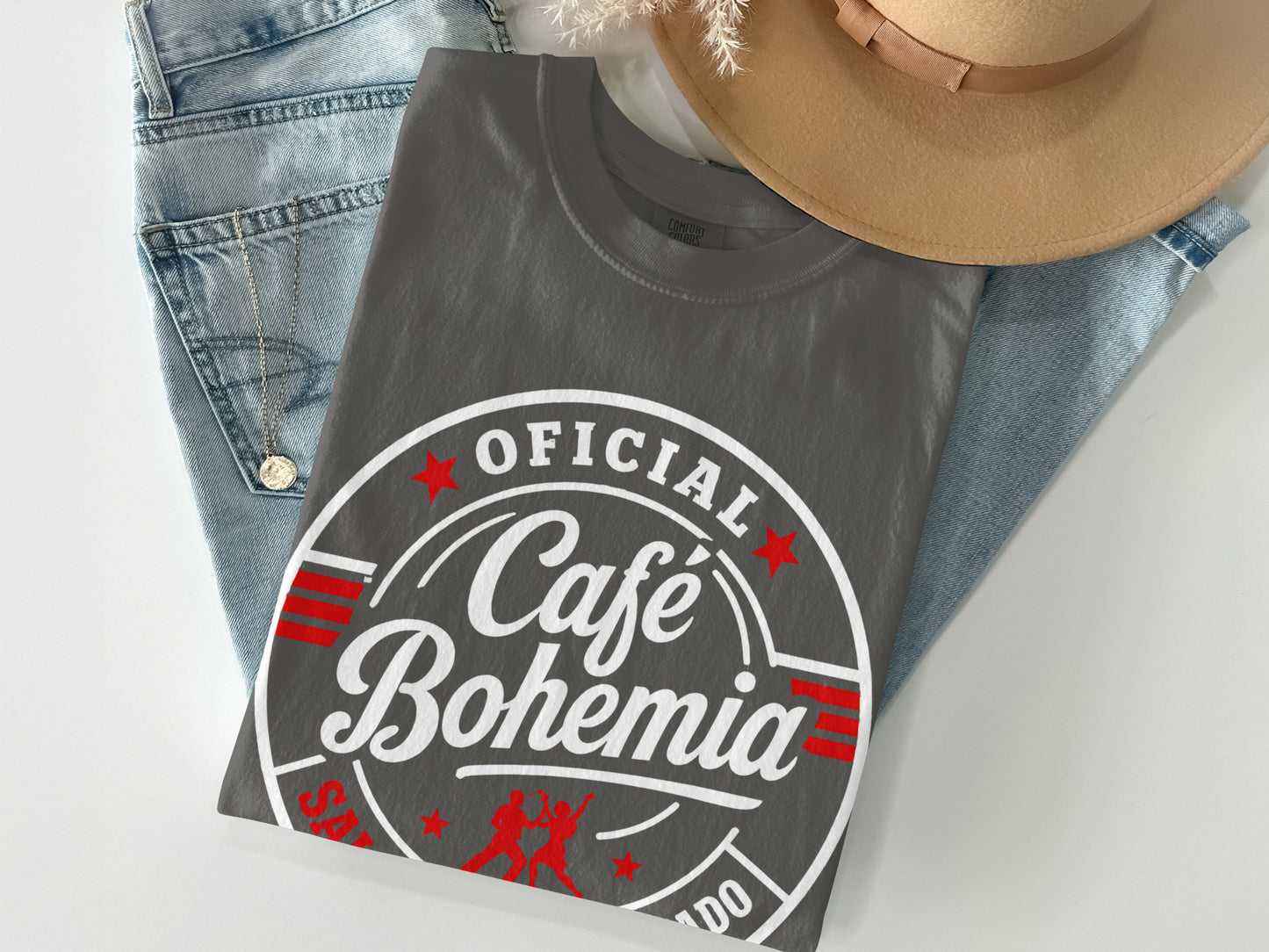 Gray t-shirt with "Oficial Café Bohemia" logo and two dancing figures.