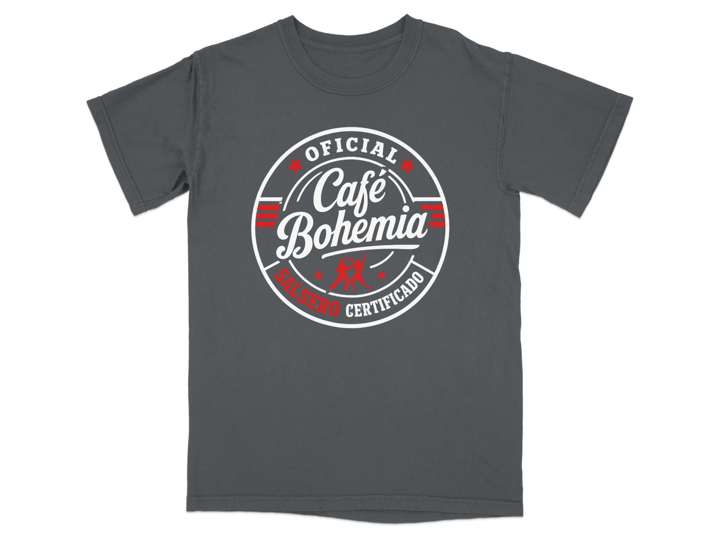 Gray t-shirt with round "Oficial Café Bohemia Certificado" logo.