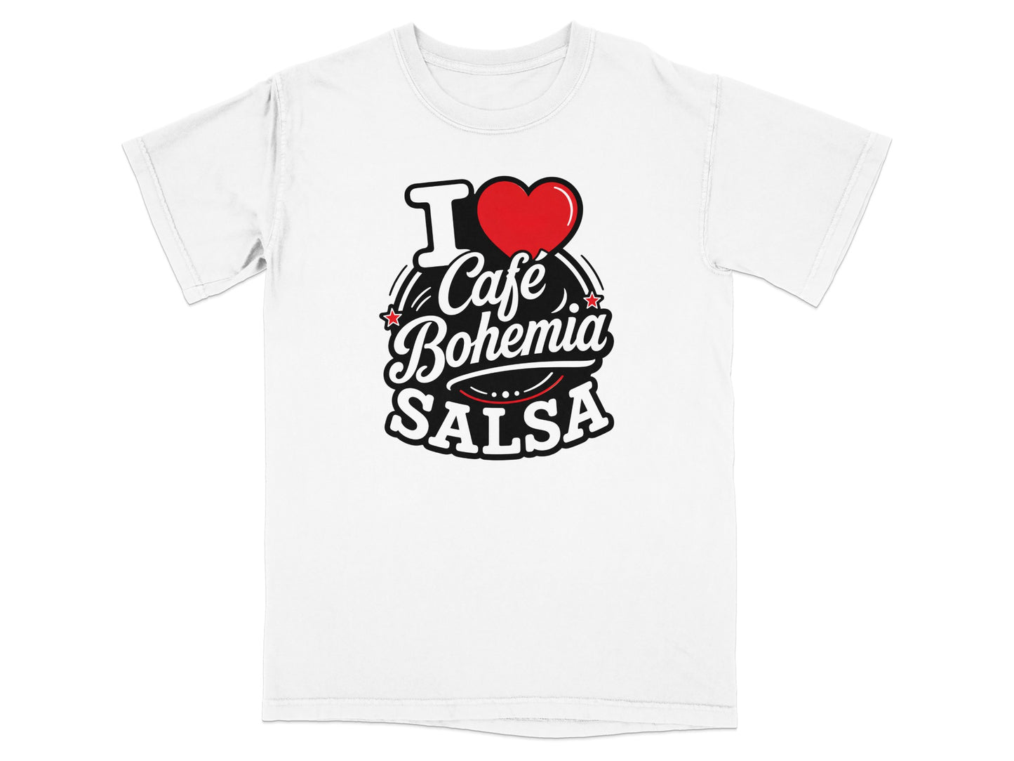 White t-shirt with "I ❤️ Cafe Bohemia SALSA" graphic in black and red.