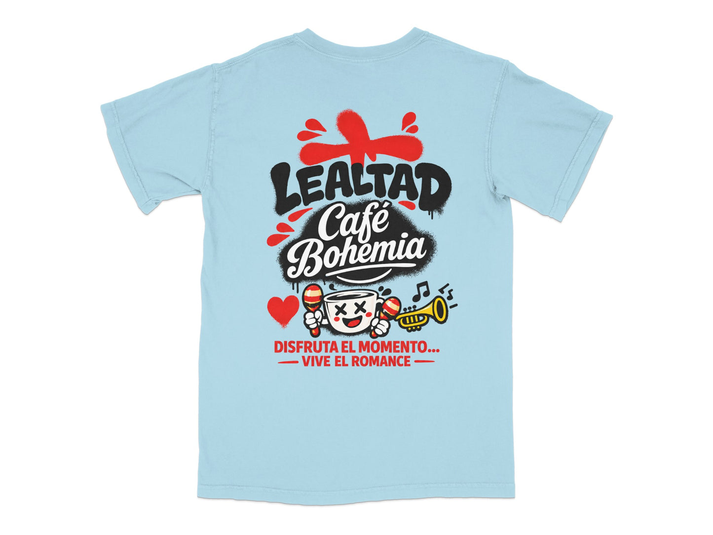 Light blue t-shirt with "Lealtad Café Bohemia" logo and cartoon figures.