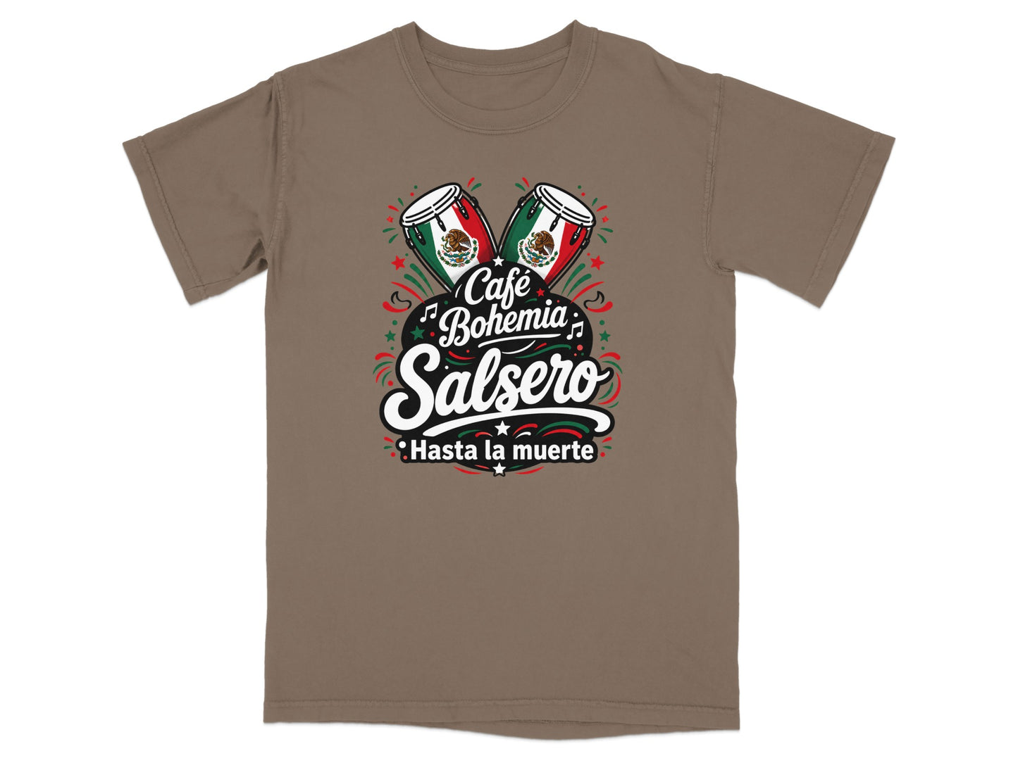 T-shirt with "Café Bohemia Salsero" and Mexican flag drums.