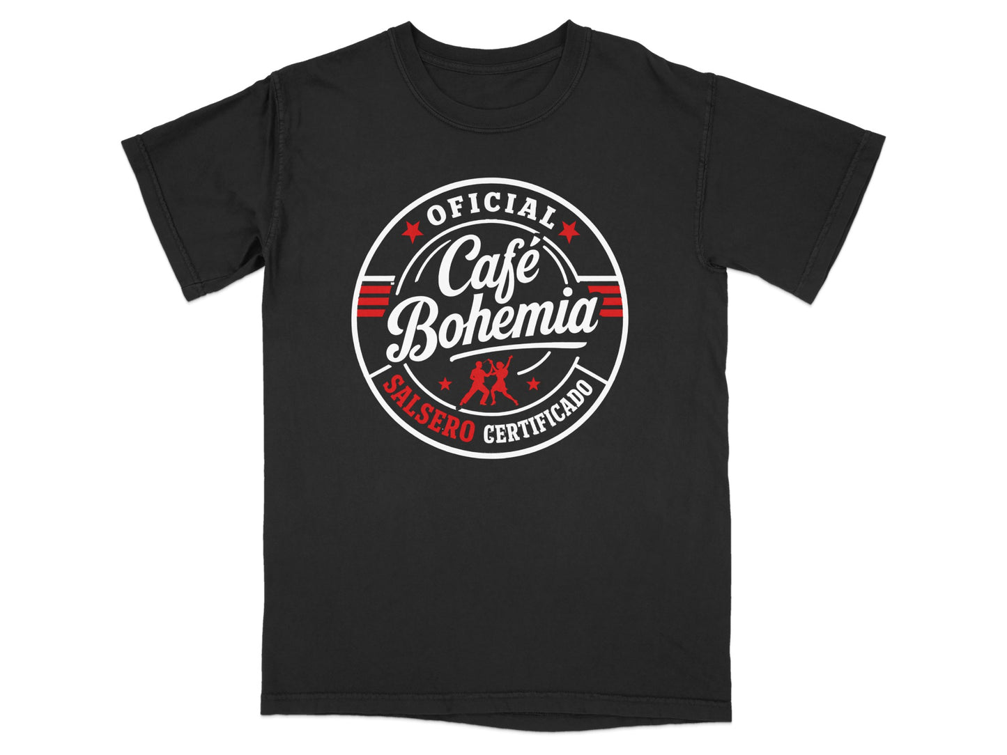 Black t-shirt with "Café Bohemia" and "Salsero Certificado" in a circular logo.