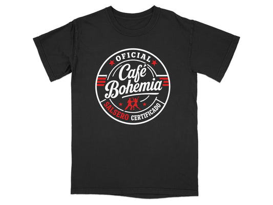 Black t-shirt with "Café Bohemia" and "Salsero Certificado" in a circular logo.