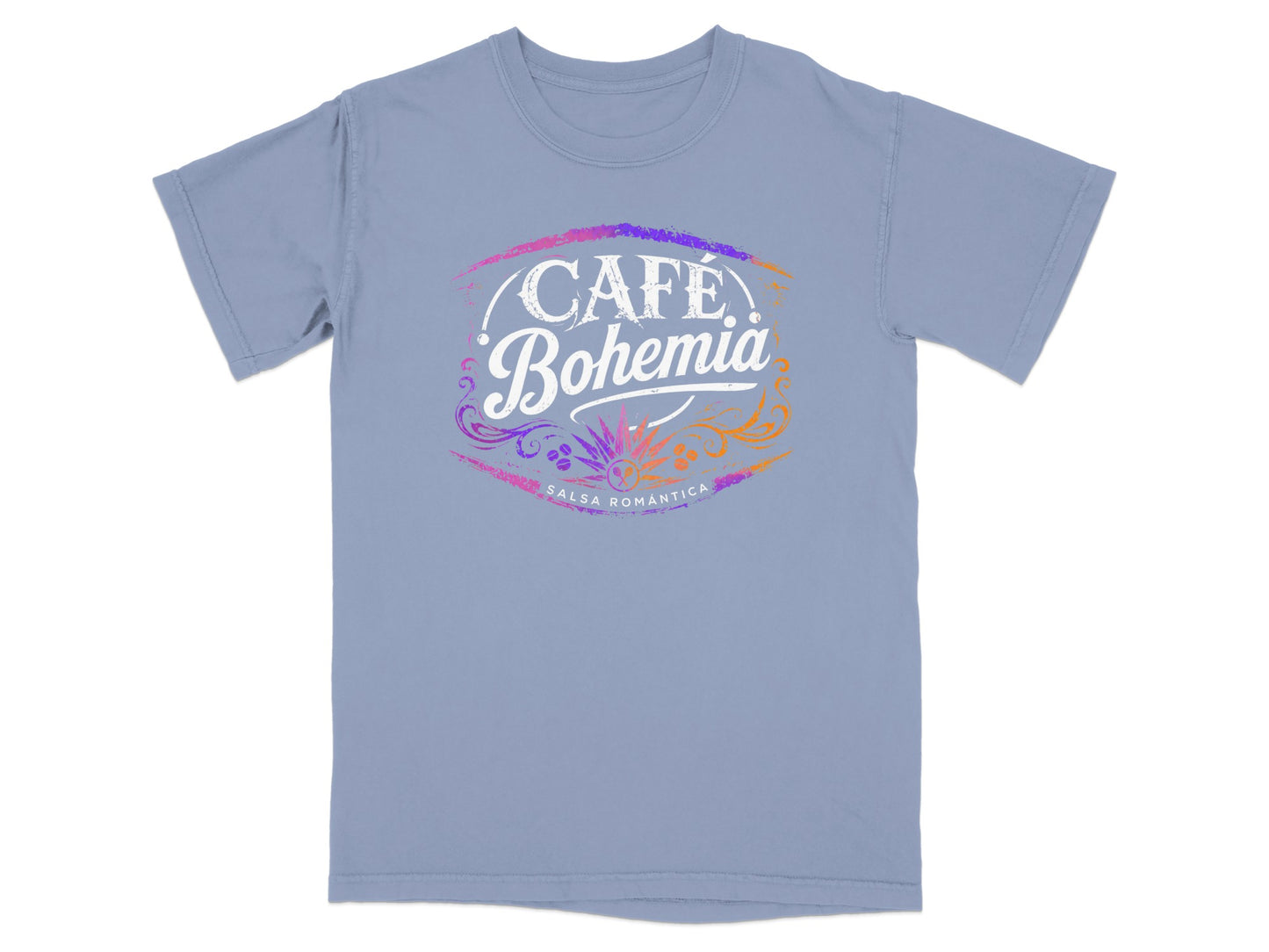 Cafe Bohemia Salsa Romántica logo on a light blue t-shirt.